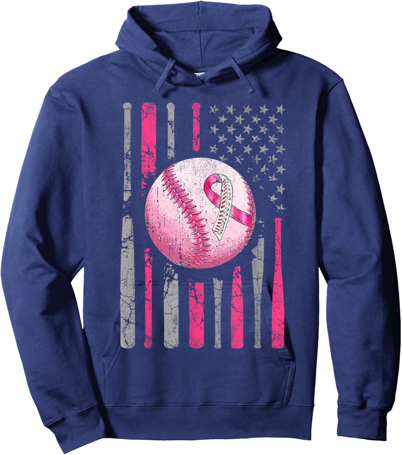Breast Cancer Baseball Pink Ribboon American Flag Men Women Hoodie - Hoodie | Navy