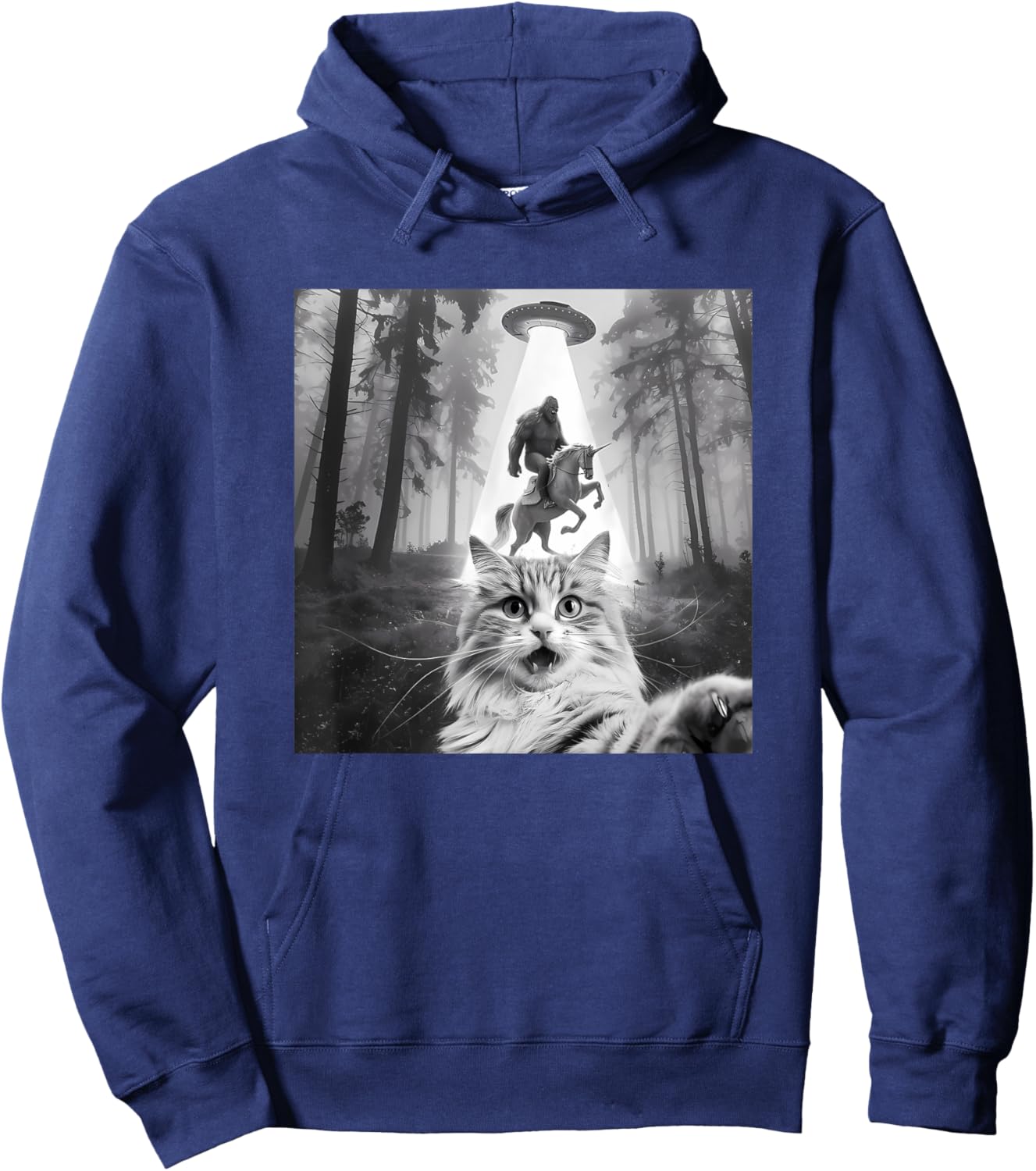 Funny UFO Cat Selfie with Bigfoot Forest Unicorn Sasquatch Hoodie - Hoodie | Navy