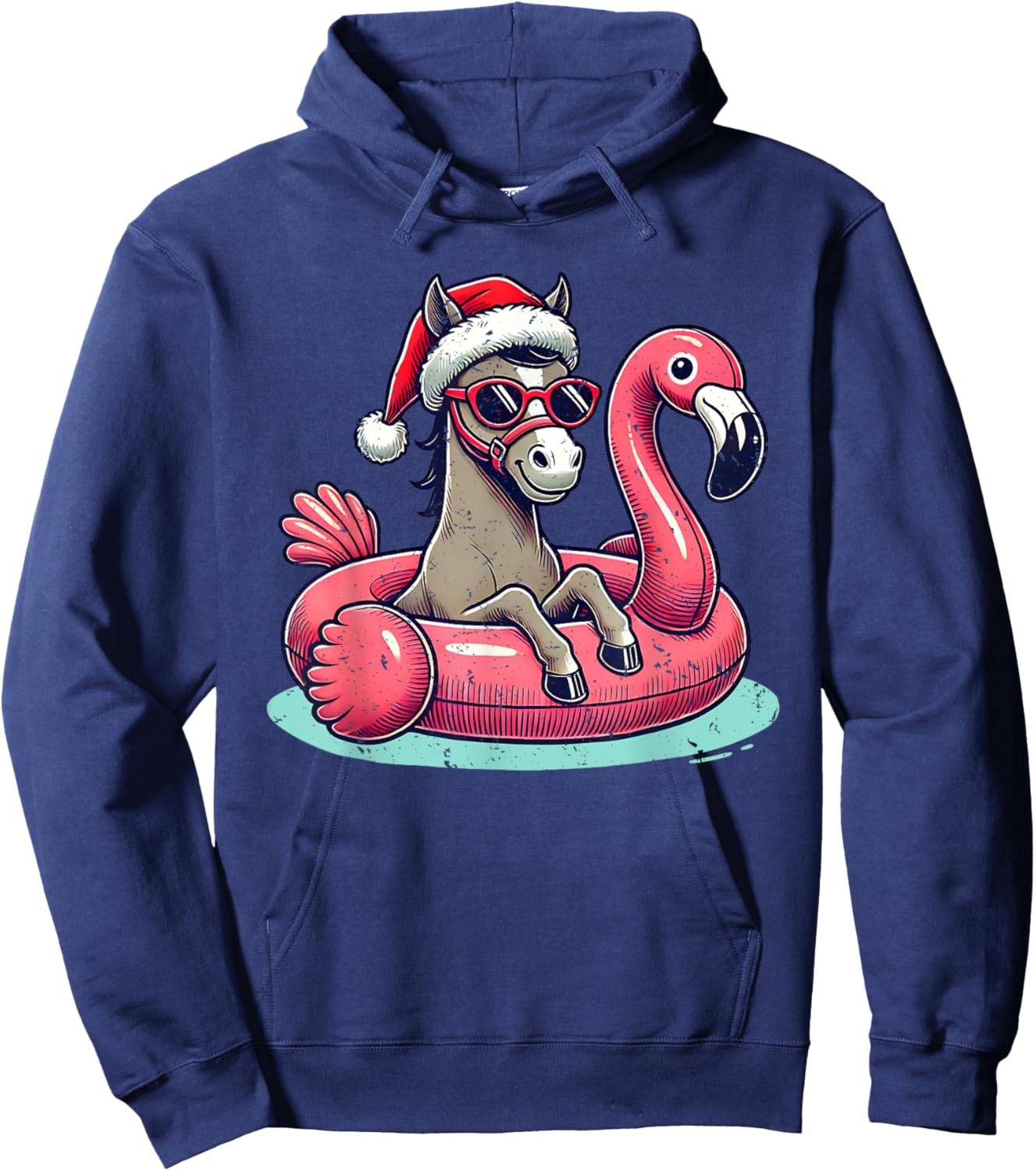 Funny Christmas in July Horse Mom Santa Flamingo Floatie Hoodie - Hoodie | Navy