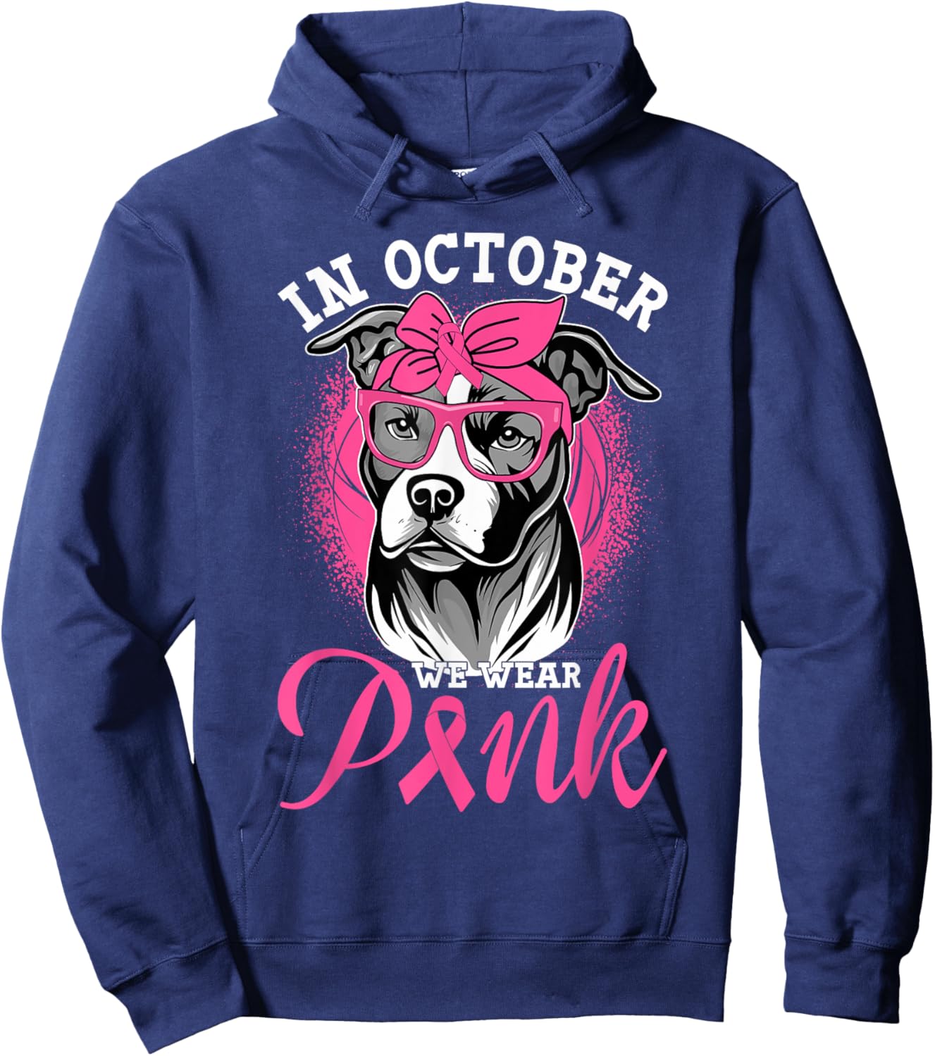 In October We Wear Pink Breast Cancer Awareness Pitbull Dog Hoodie - Hoodie | Navy