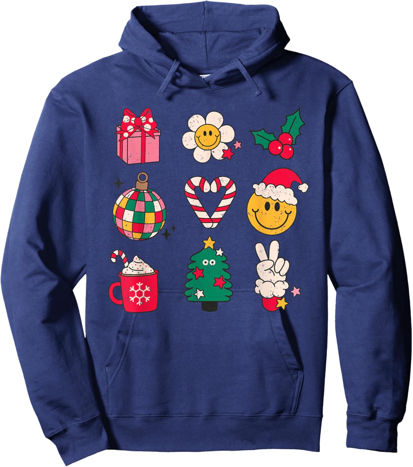 70s Cute Santa Yellow Smile Face Christmas Shirt Women Girls Hoodie - Hoodie | Navy