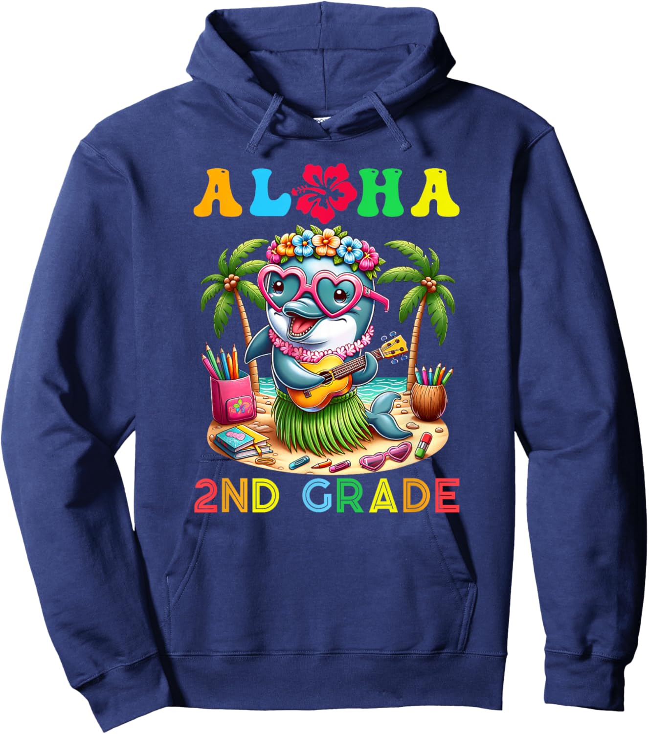 Aloha Second Grade Dolphin Hawaii Back to School Kids Girl Hoodie - Hoodie | Navy
