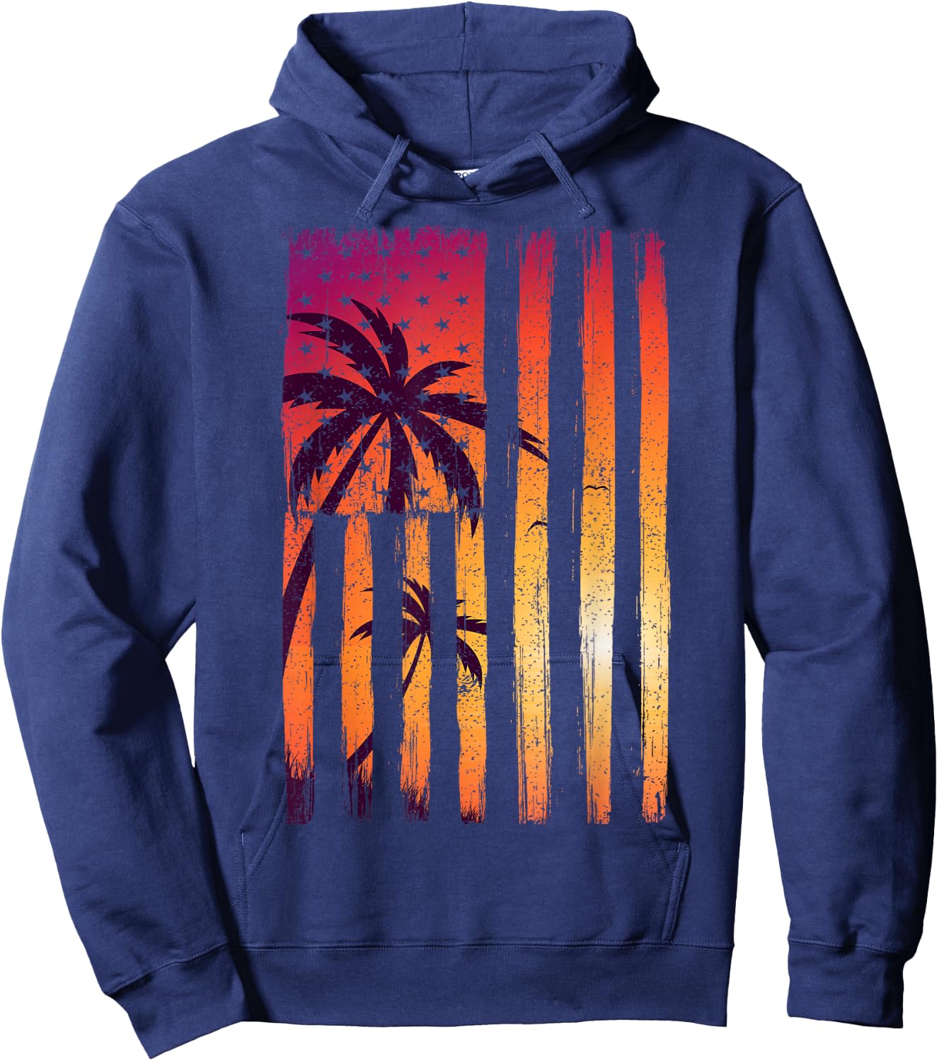 Summer Sunset Palm Trees American Flag Cool Spring Beach Hoodie - Hoodie | Navy