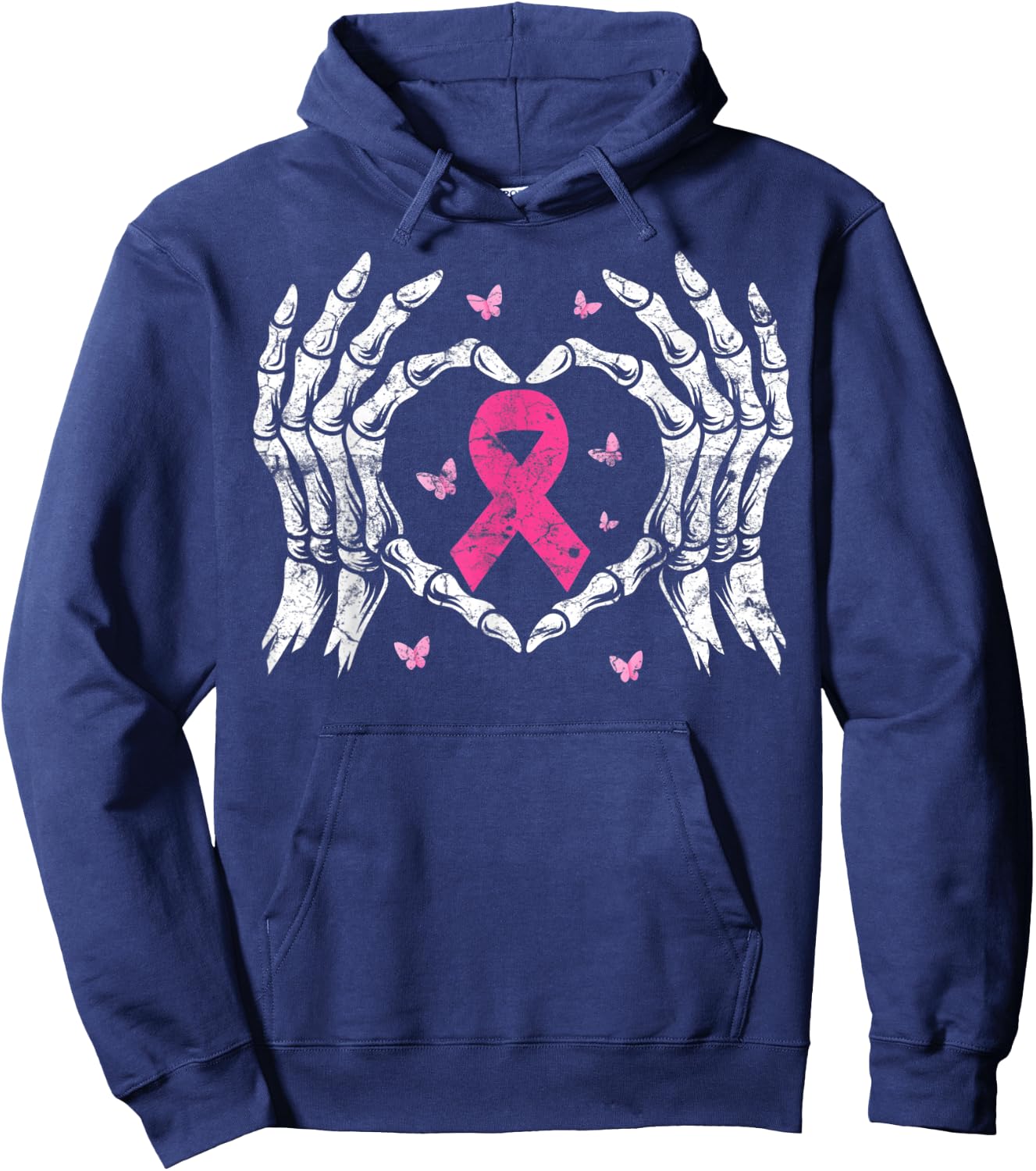 Skeleton Hand Heart Pink Ribbon Breast Cancer Awareness Hoodie - Hoodie | Navy