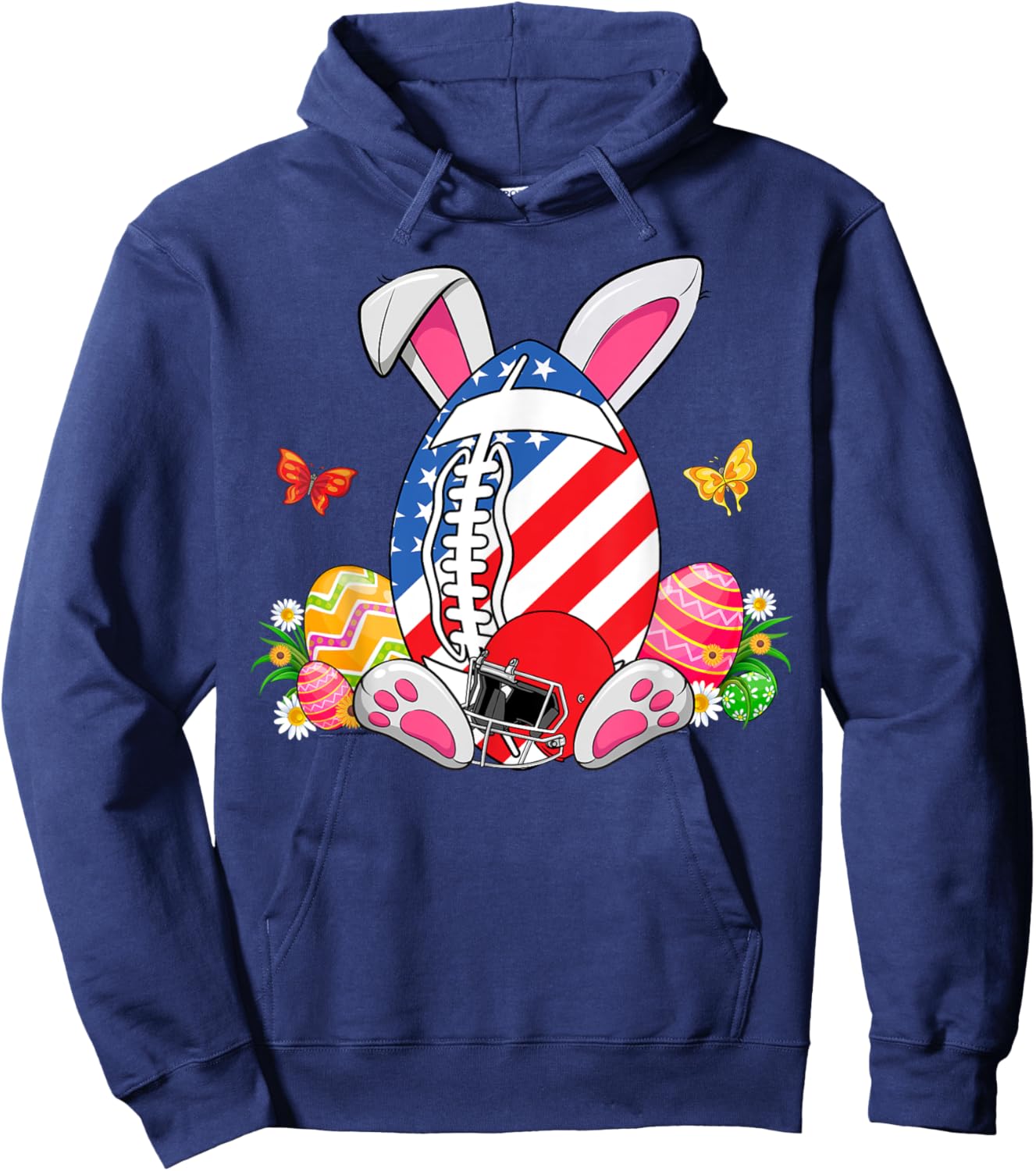 Football Ball With Helmet USA Flag & Bunny Ears Easter Day Women Kids Men Hoodie - Hoodie | Navy