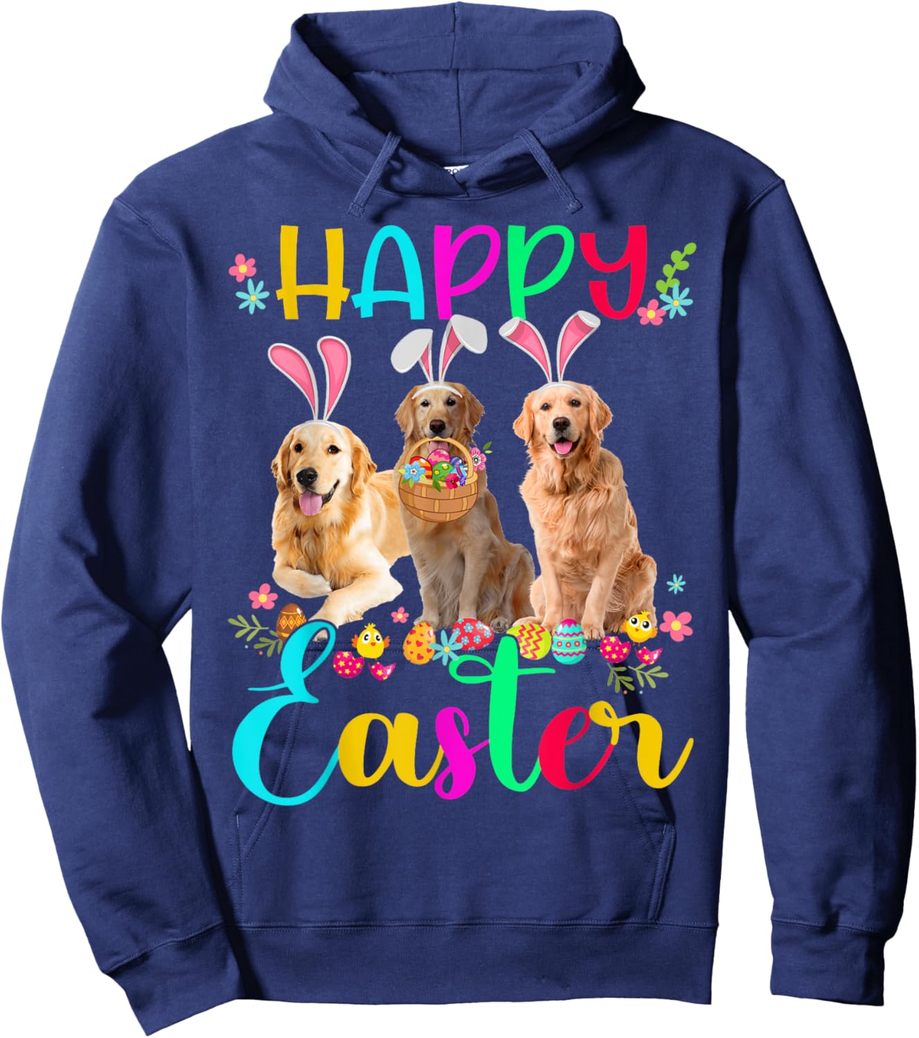 Happy Easter Three Golden Retriever Wearing Bunny Ear Gifts Hoodie - Hoodie | Navy