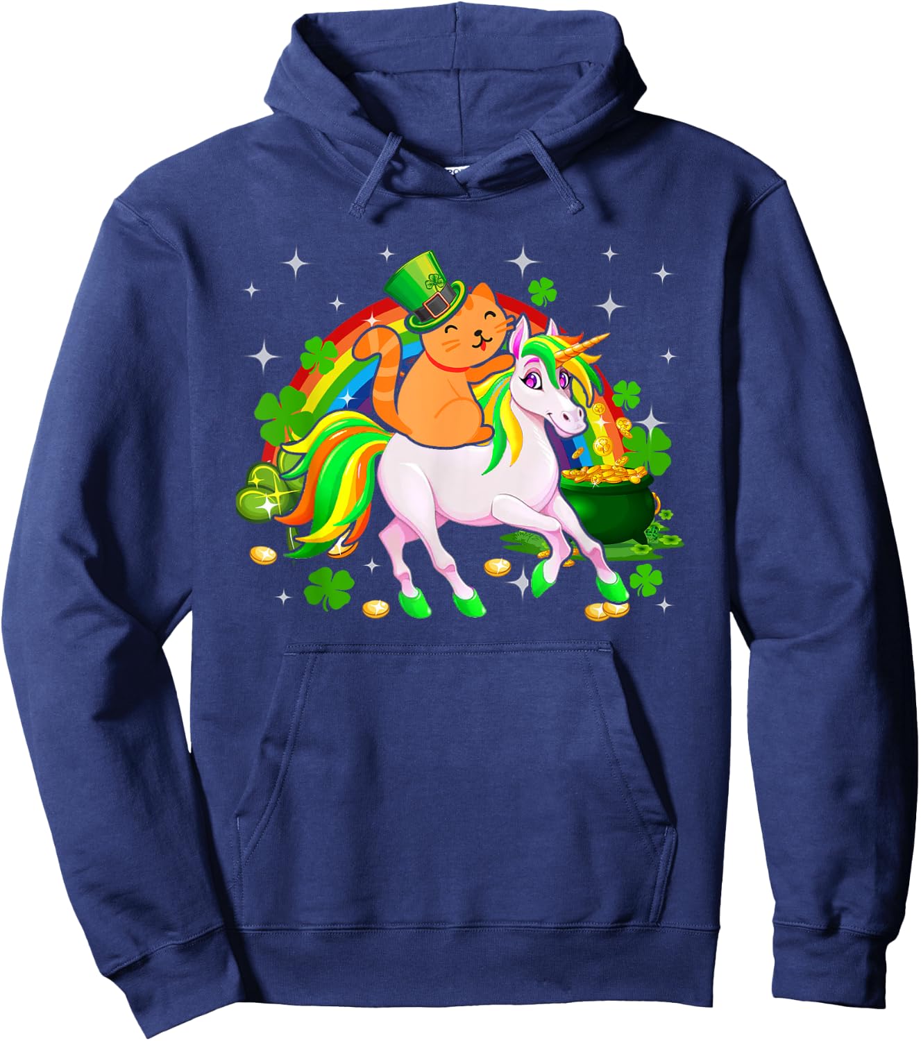 Leprechaun Cat Riding Unicorn Happy St Patrick's Day Gifts Women Kids Hoodie - Hoodie | Navy