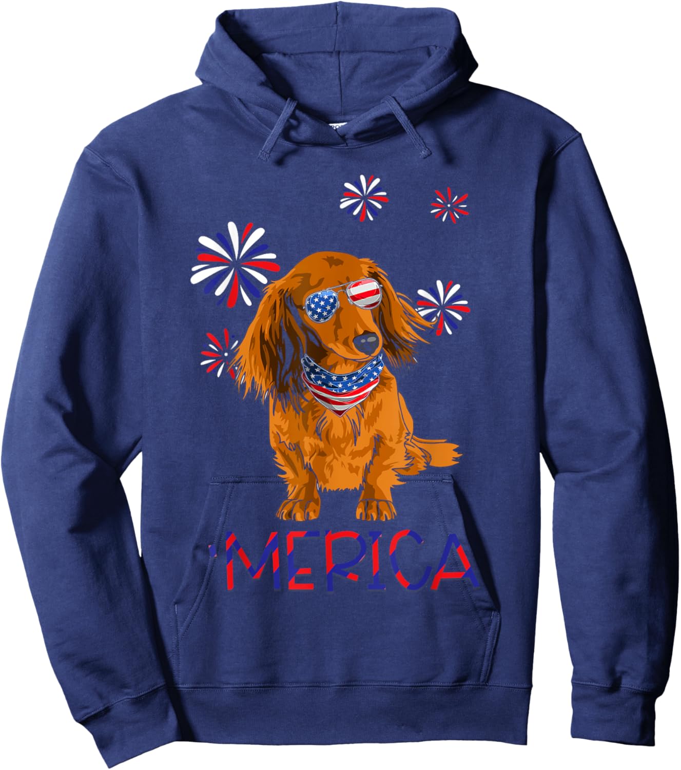 Red Long-Haired Dachshund 'Merica Dog Lover 4th Of July Men Hoodie - Hoodie | Navy