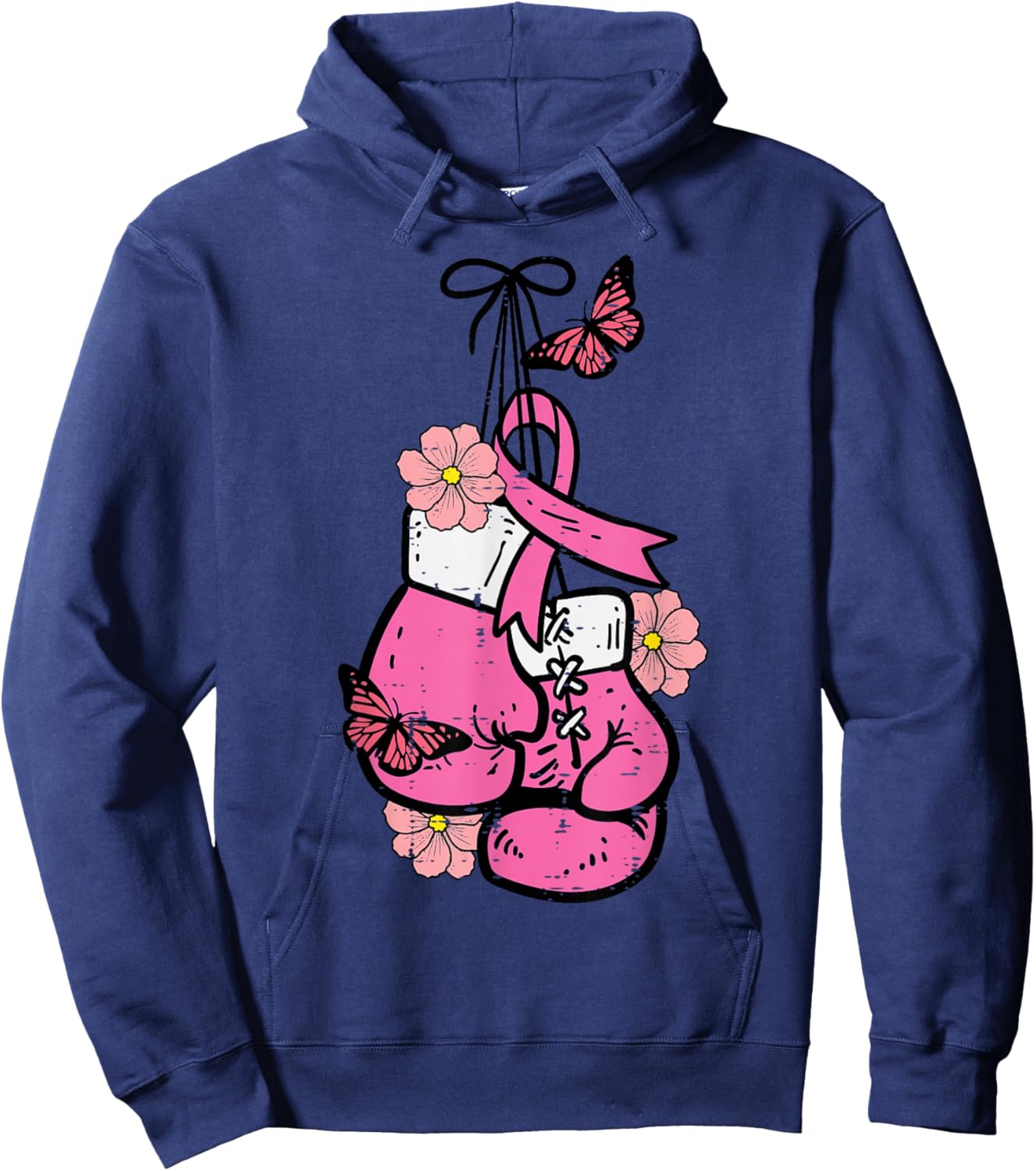 Breast Cancer Boxing Glove Pink Ribbon Awareness Fight Women Hoodie - Hoodie | Navy