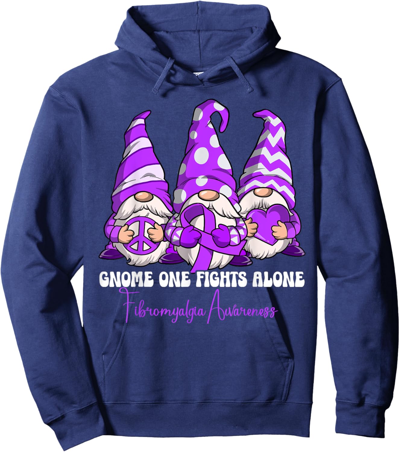 Fibromyalgia Awareness Gifts Fibromyalgia Awareness - -Adults, -Kids - Black - Short Sleeve - Classic Fit - Cotton, Polyester - Gnome One Fights Alone Hoodie - Hoodie | Navy