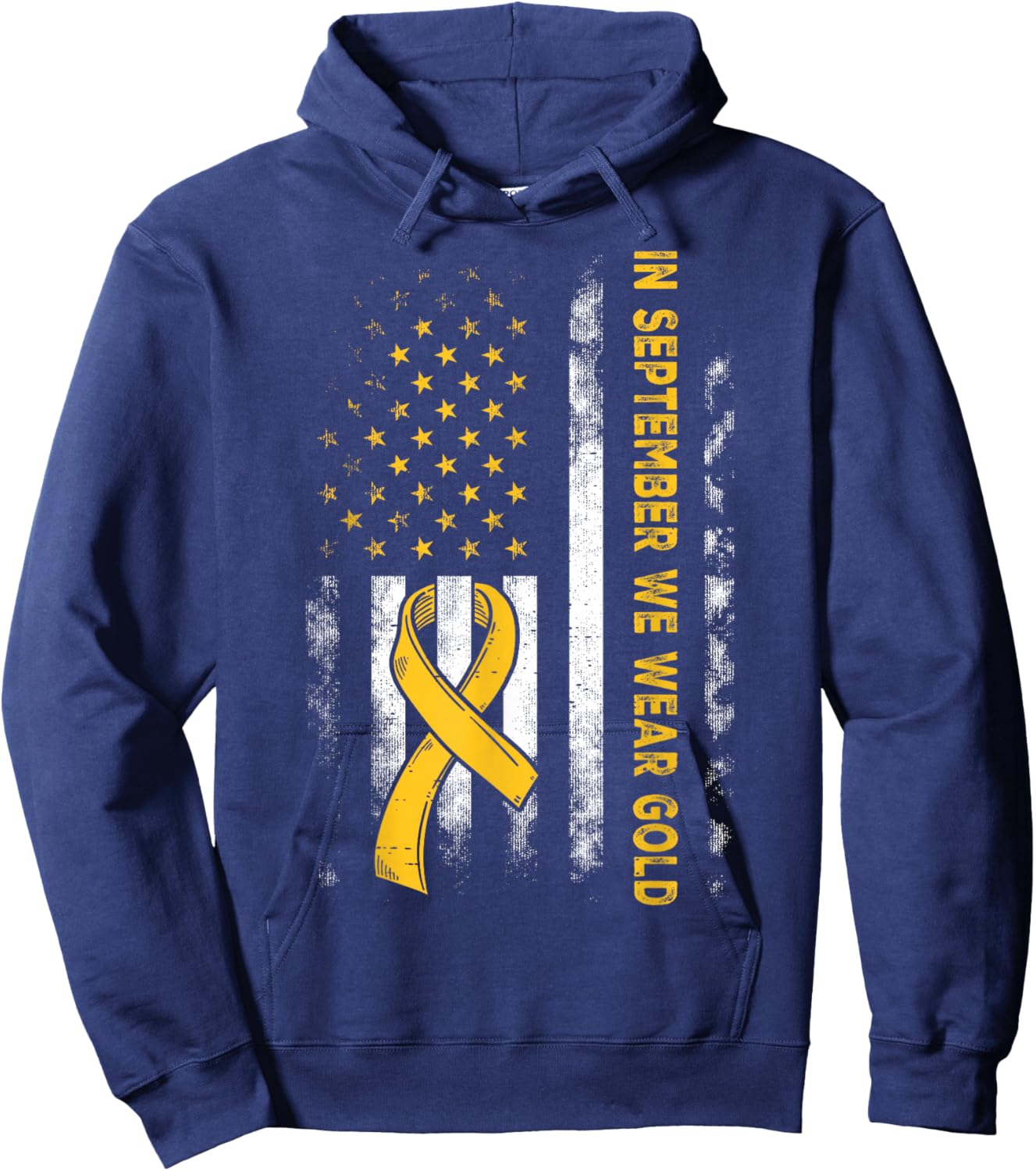 In September We Wear Gold Us Flag Childhood Cancer Awareness Hoodie - Hoodie | Navy