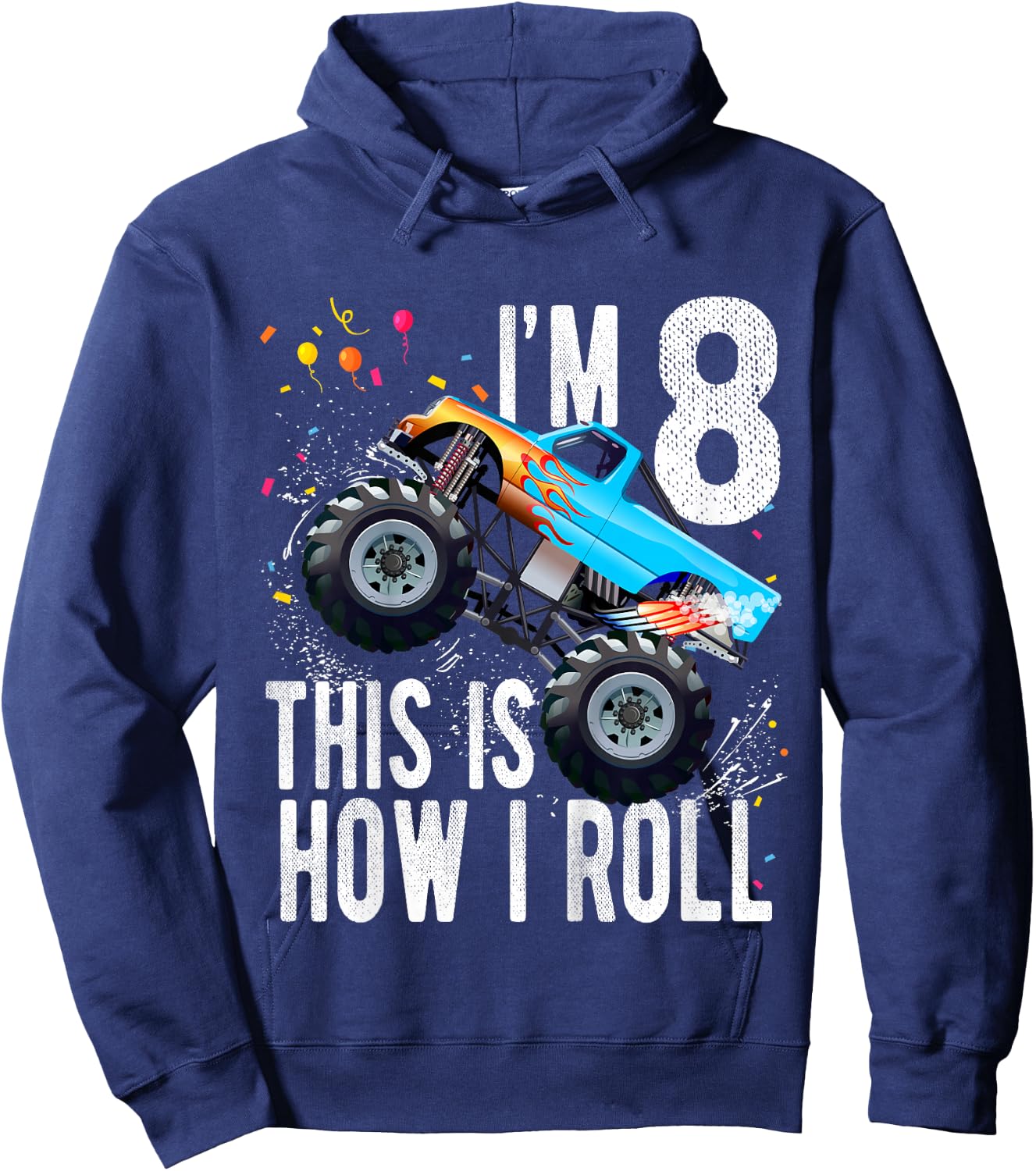 Kids 8 Year Old Shirt 8th Birthday Boy Monster Truck Car Hoodie - Hoodie | Navy