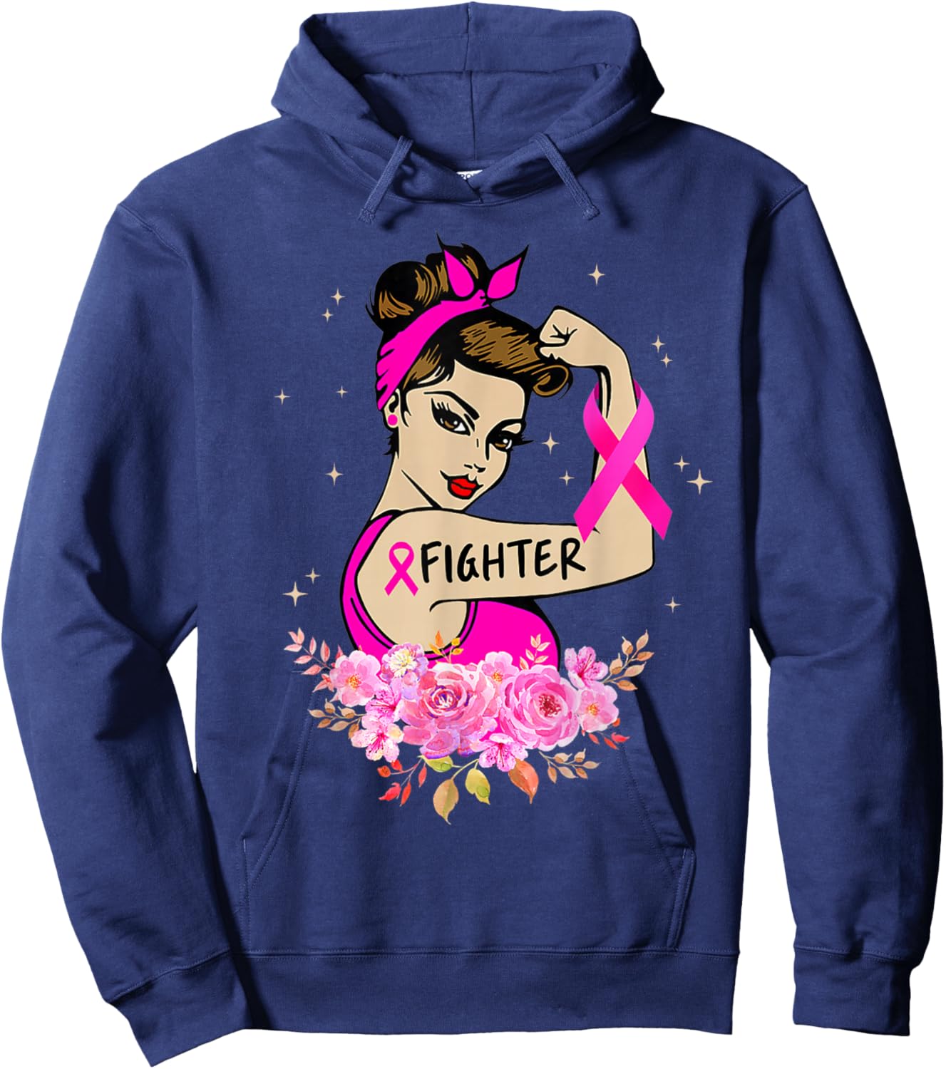 Breast Cancer Fighter Rosie Riveter Pink Ribbon Women Girls Hoodie - Hoodie | Navy