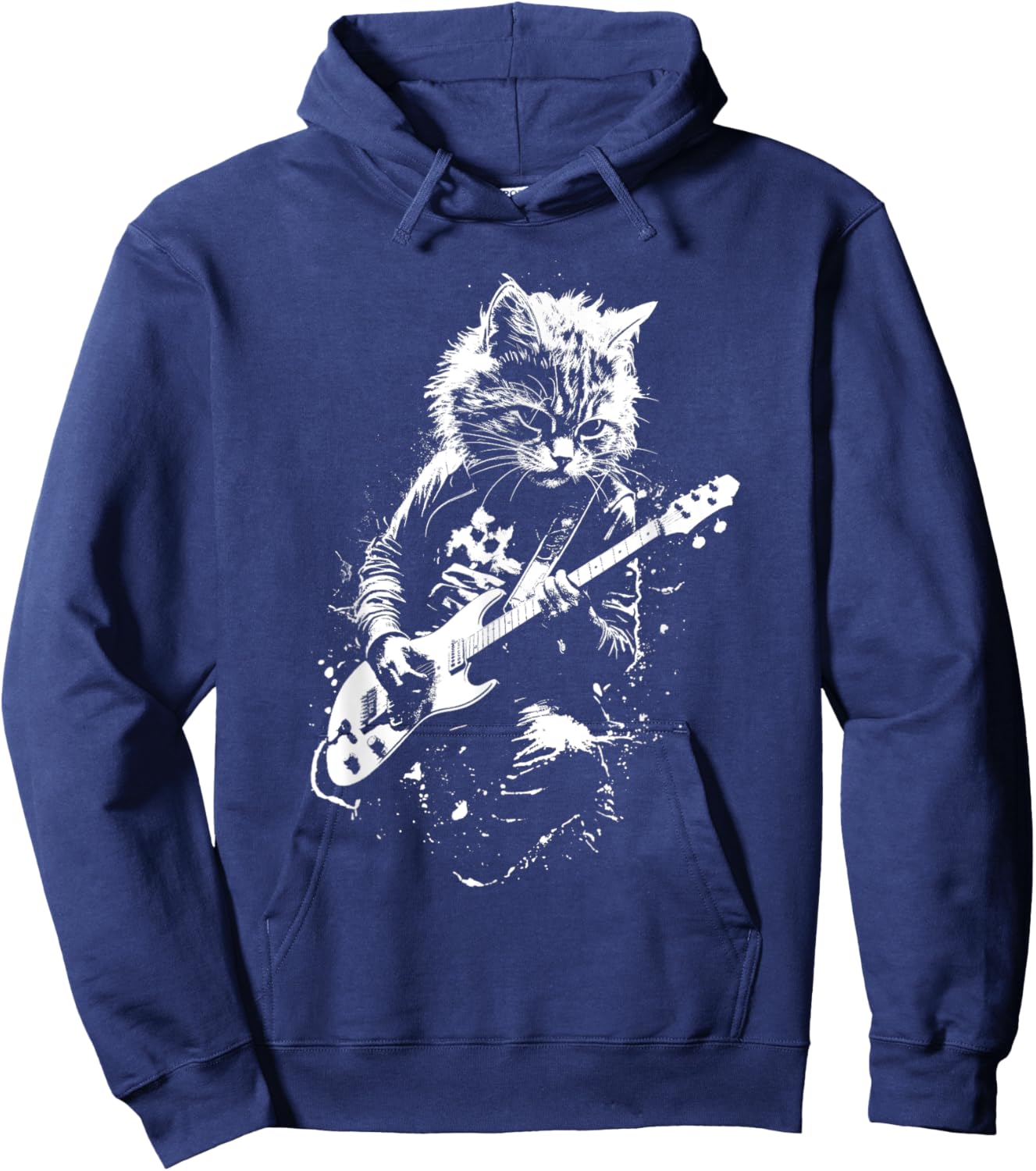 Distressed Cat Playing Guitar Punk Rock & Roll Vintage Women Kids Hoodie - Hoodie | Navy