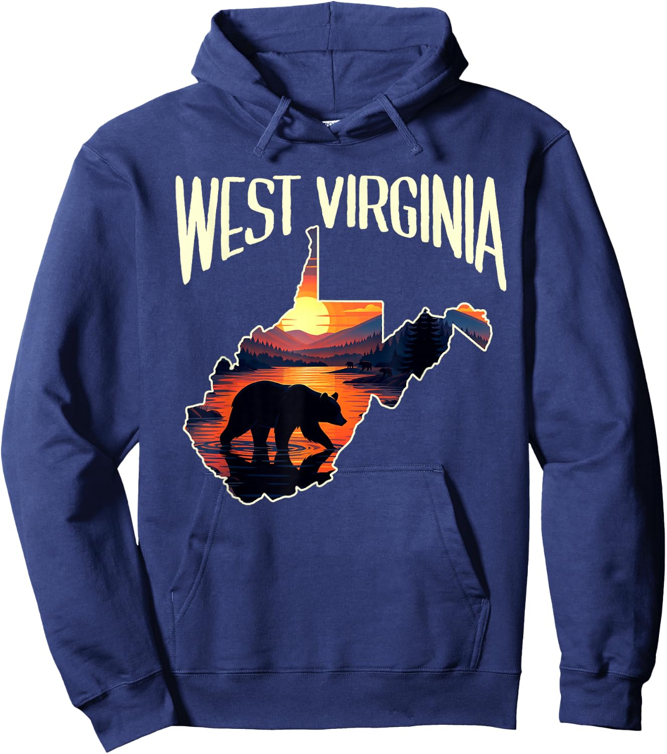 West Virginia State Map Traveling Souvenir Black Bear Sunset Hoodie - Hoodie | Navy