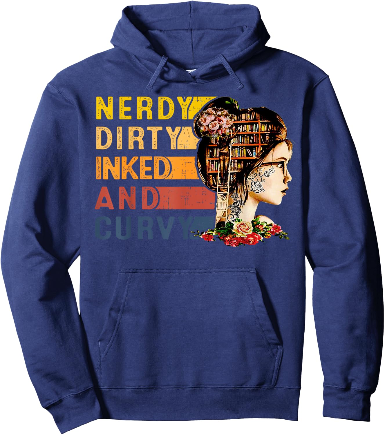 Vintage Books Lover Tattooed Girl Nerdy Dirty Inked Curvy Hoodie - Hoodie | Navy