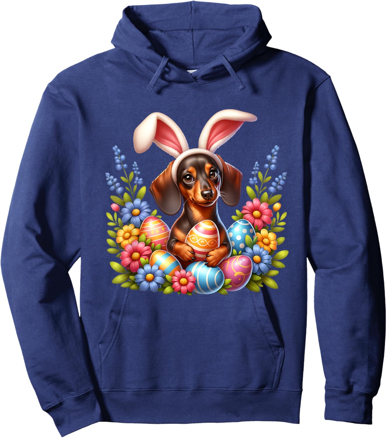 Dachshund Easter Dog Bunny Ears Easter Eggs Spring Flowers Hoodie - Hoodie | Navy