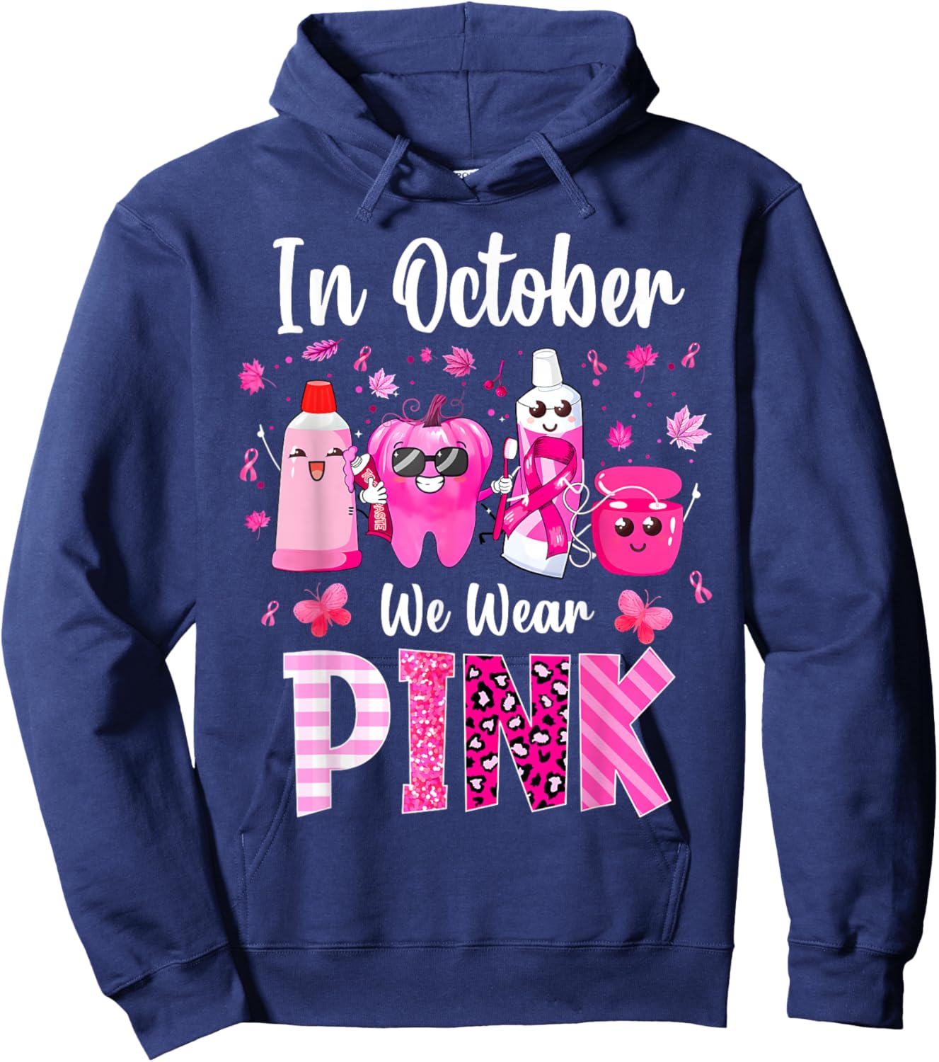 In October we Wear Pink Breast Cancer Leopard Dentist Dental Hoodie - Hoodie | Navy
