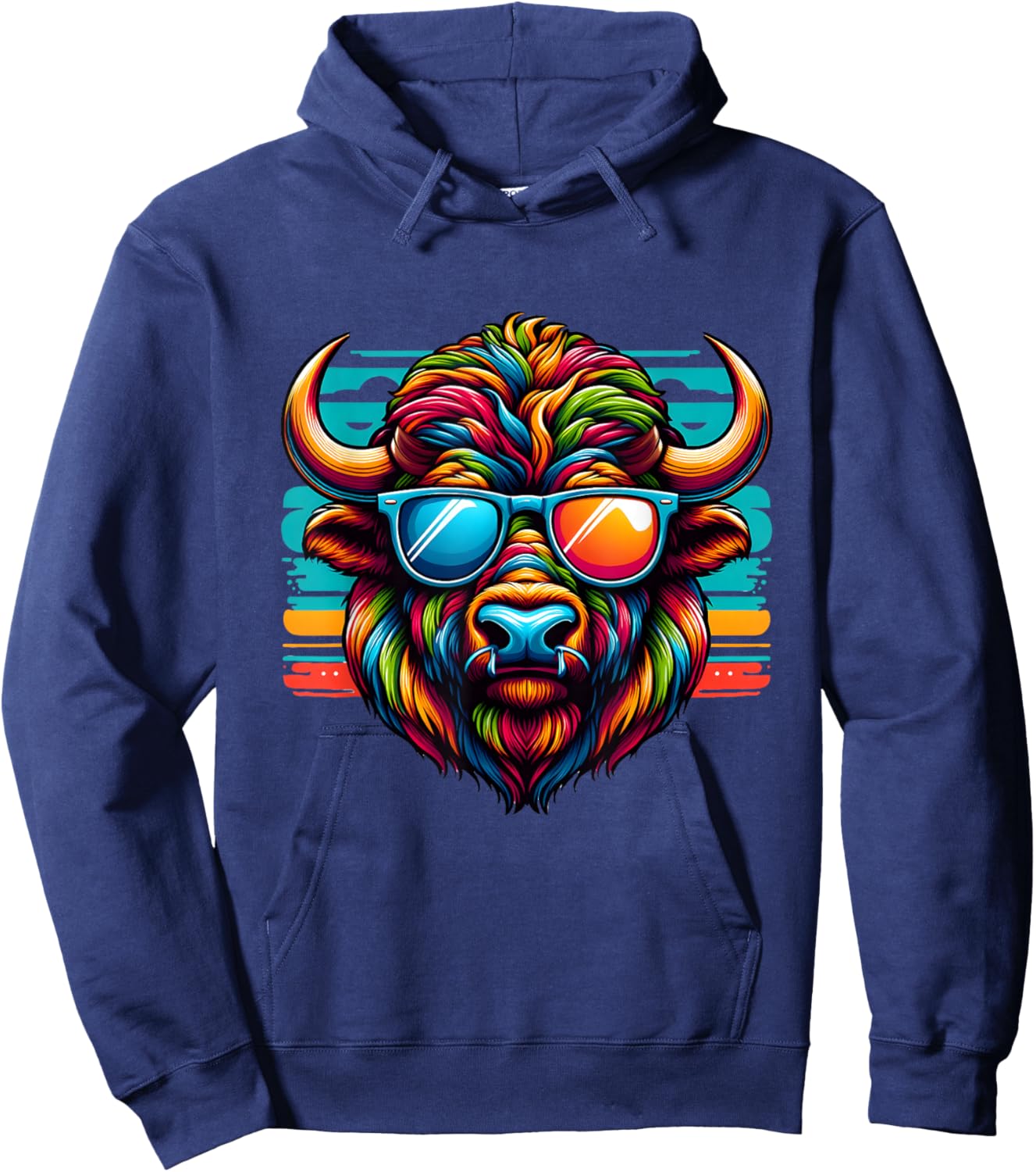 Colorful Art Bison Buffalo Wearing Sunglasses Cheerful Color Hoodie - Hoodie | Navy