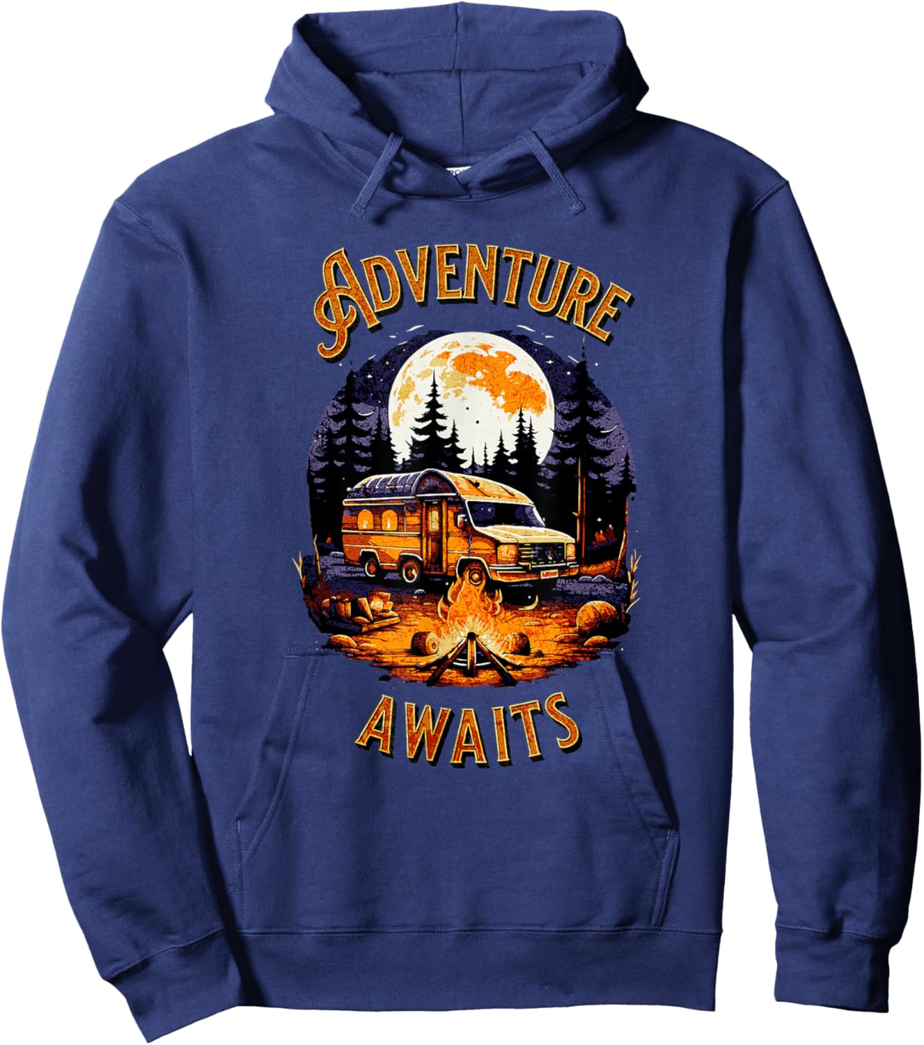Adventure Awaits RV Camper Van Moonlight Camping Scene Hoodie - Hoodie | Navy