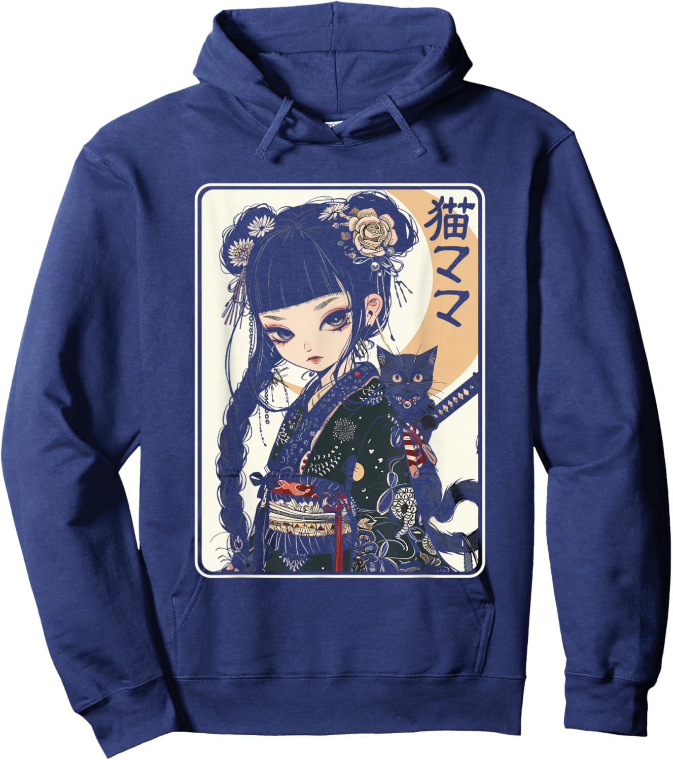Japanese Gothic Kawaii Anime Samurai Cat Mom Woman Girls Hoodie - Hoodie | Navy