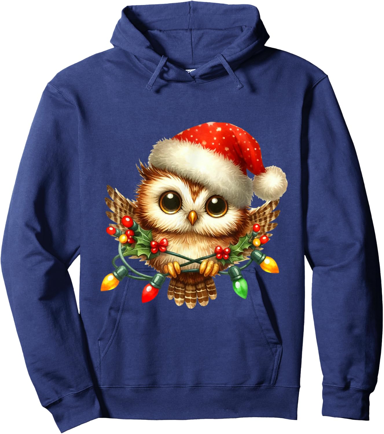 Owl Christmas Lights Santa Hat Xmas Owl Lover Hoodie - Hoodie | Navy
