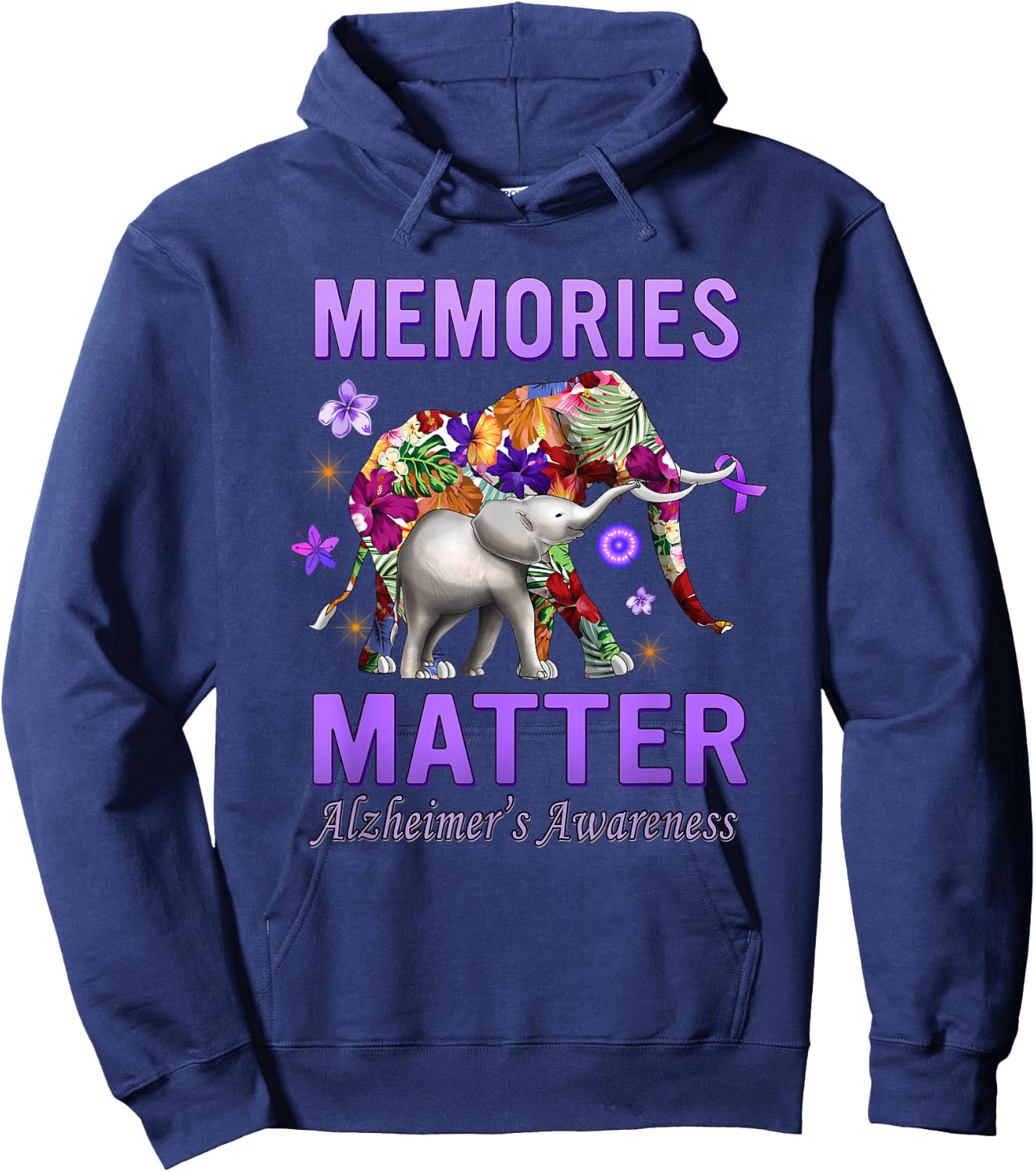 Alzheimers Awareness Memories Matter Purple Elephant Hoodie - Hoodie | Navy