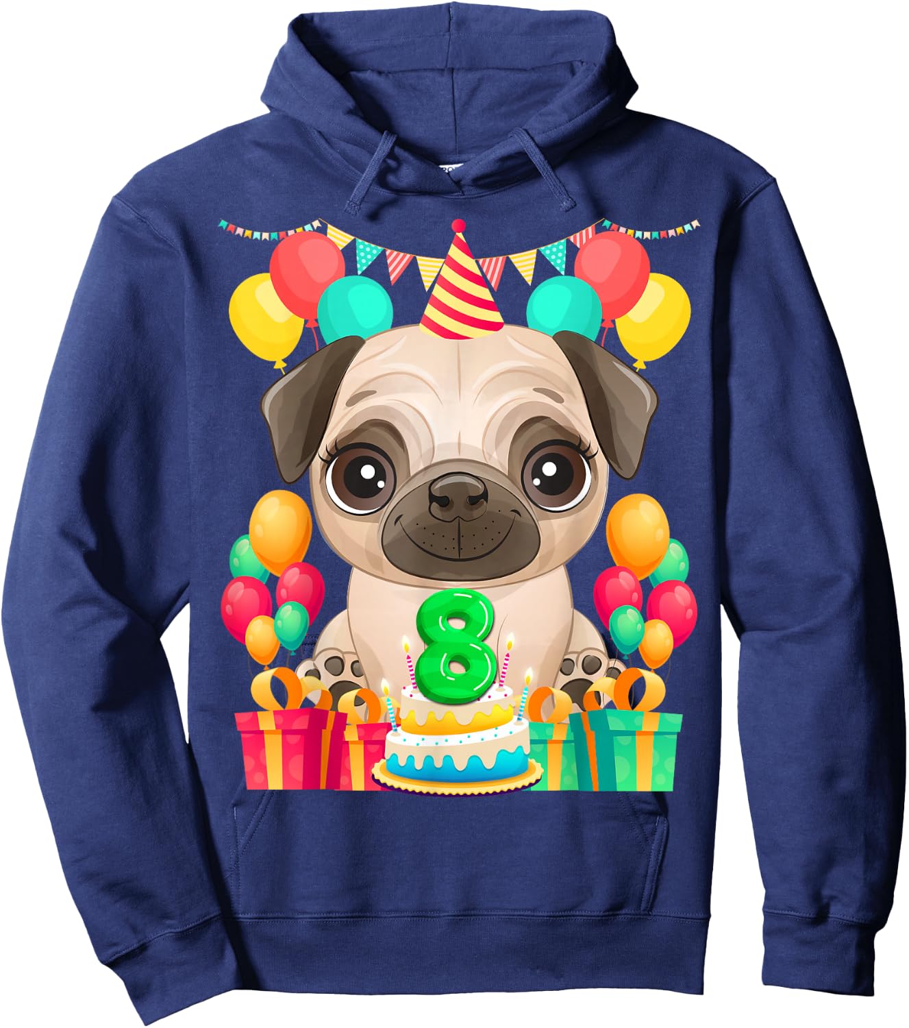 Pug 8th Birthday Gifts 8 Year Old Pug Lover Bday Presents Hoodie - Hoodie | Navy