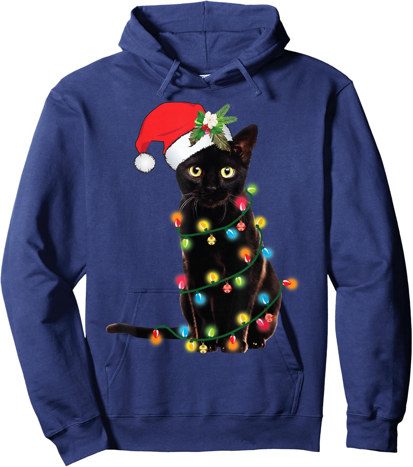 Santa Black Cat Tangled Up In Christmas Tree Lights Hoodie - Hoodie | Navy