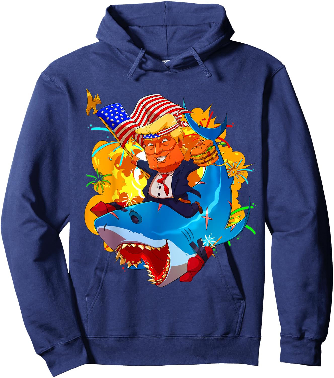 Trump Shark Patriotic Unique 4th of July American Flag Hoodie - Hoodie | Navy