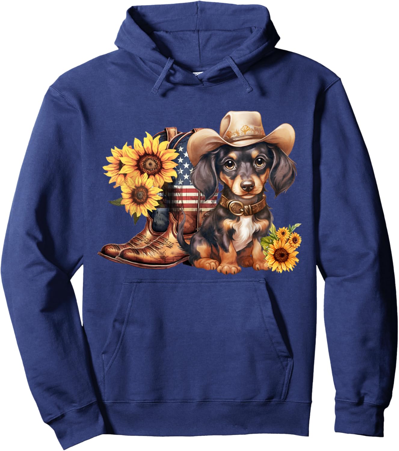 Patriotic Dachshund Dog Cowgirl Boots 4th Of July Sunflower Hoodie - Hoodie | Navy