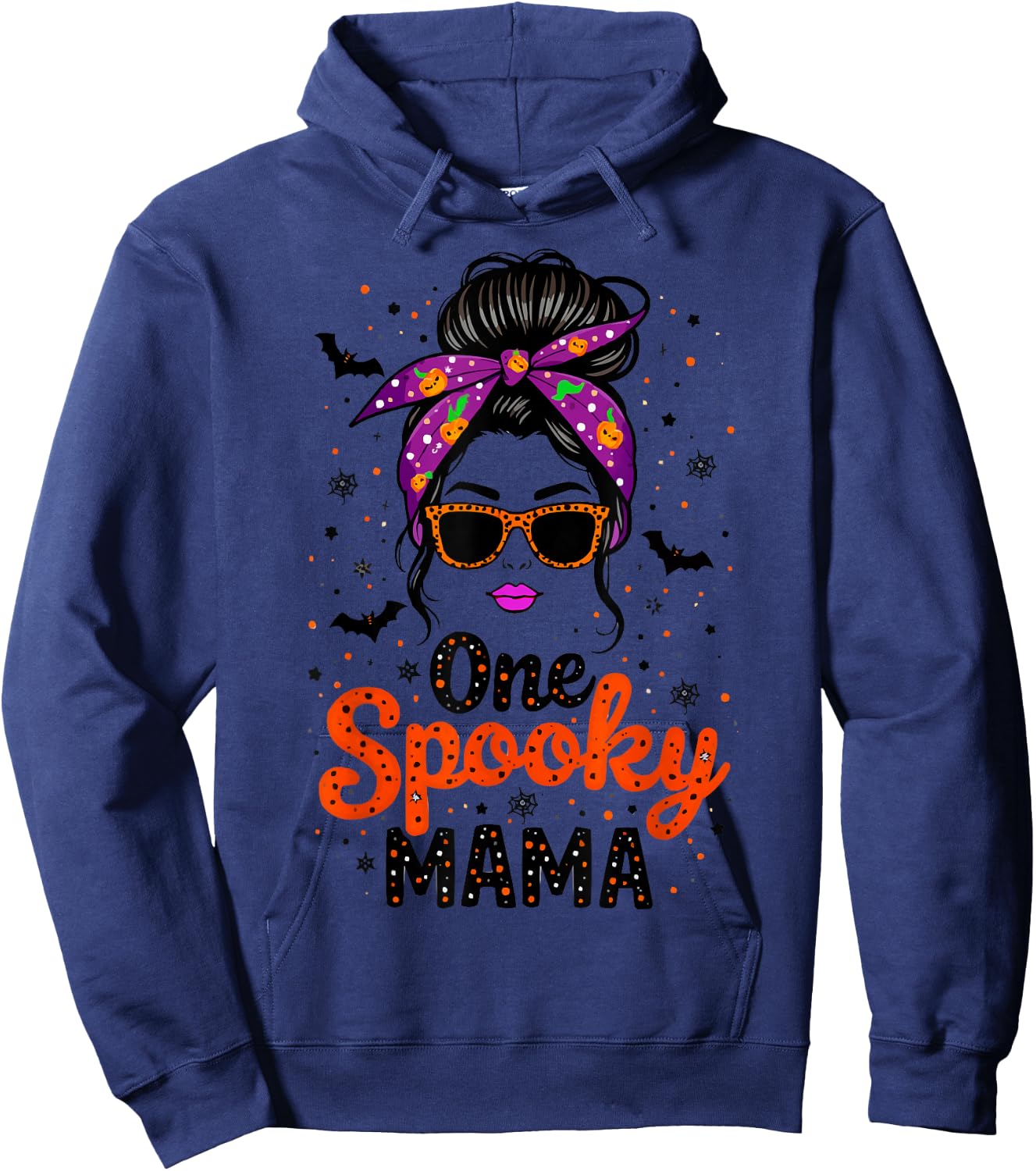 Funny One Spooky Mama Messy Bun Sunglasses Halloween Hoodie - Hoodie | Navy