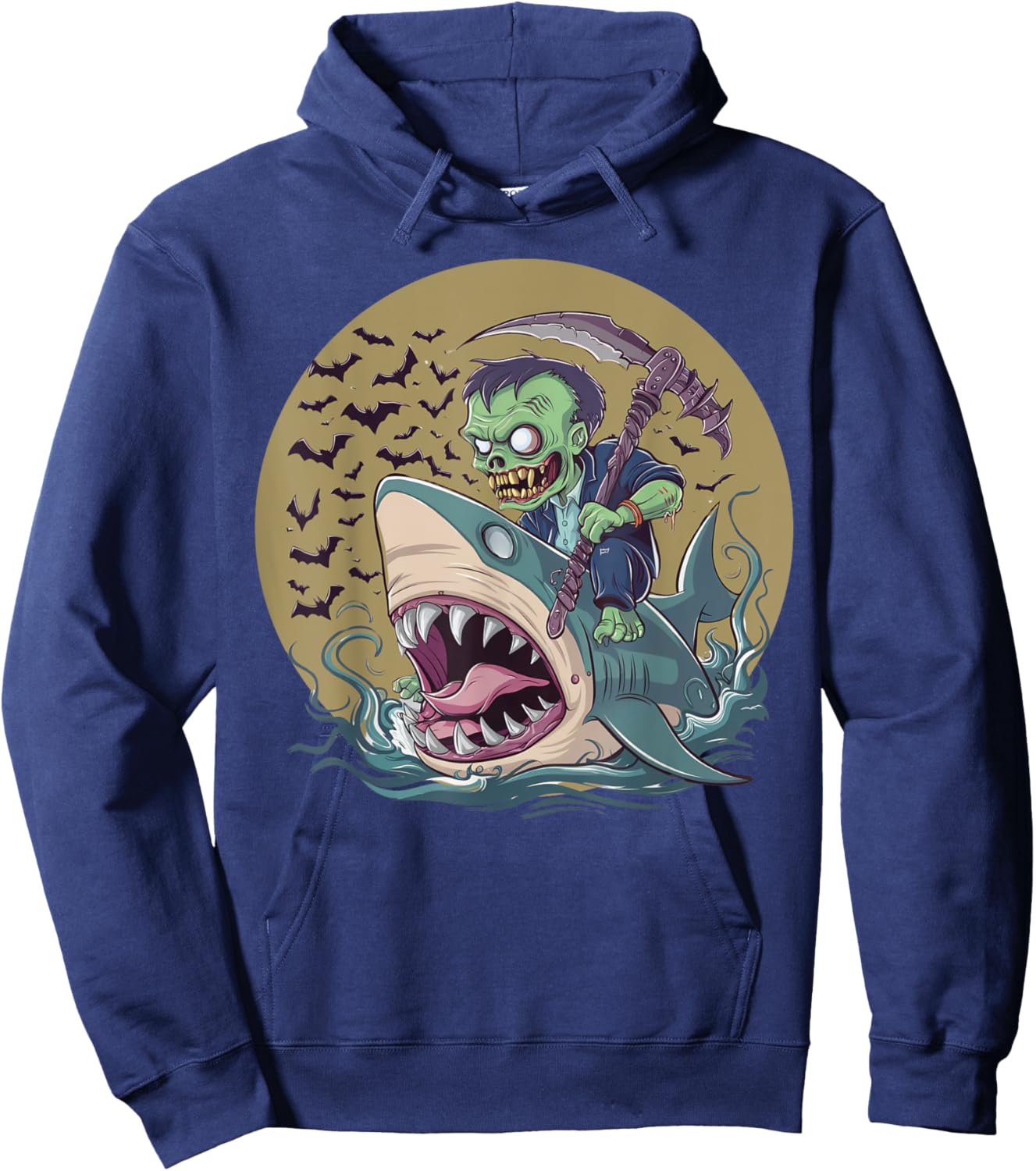 Funny Halloween Zombie Riding Shark Men Women Kid Girls Boys Hoodie - Hoodie | Navy