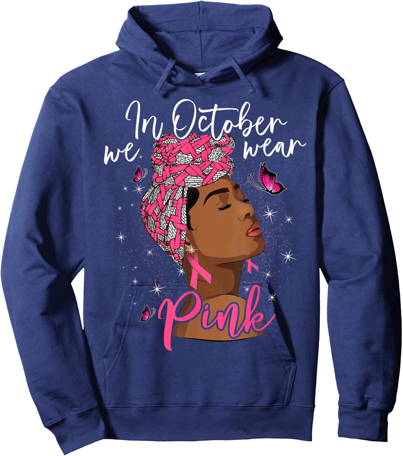 In October We Wear Pink Black Woman Breast Cancer Awareness Hoodie - Hoodie | Navy