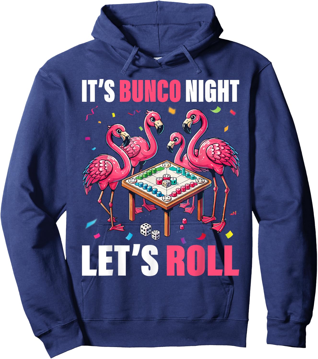 Flamingo Lover Gift Co. Bunco Night Flamingo Bunco Group -Adults Kids Black Short Sleeve Graphic Hoodie - Hoodie | Navy