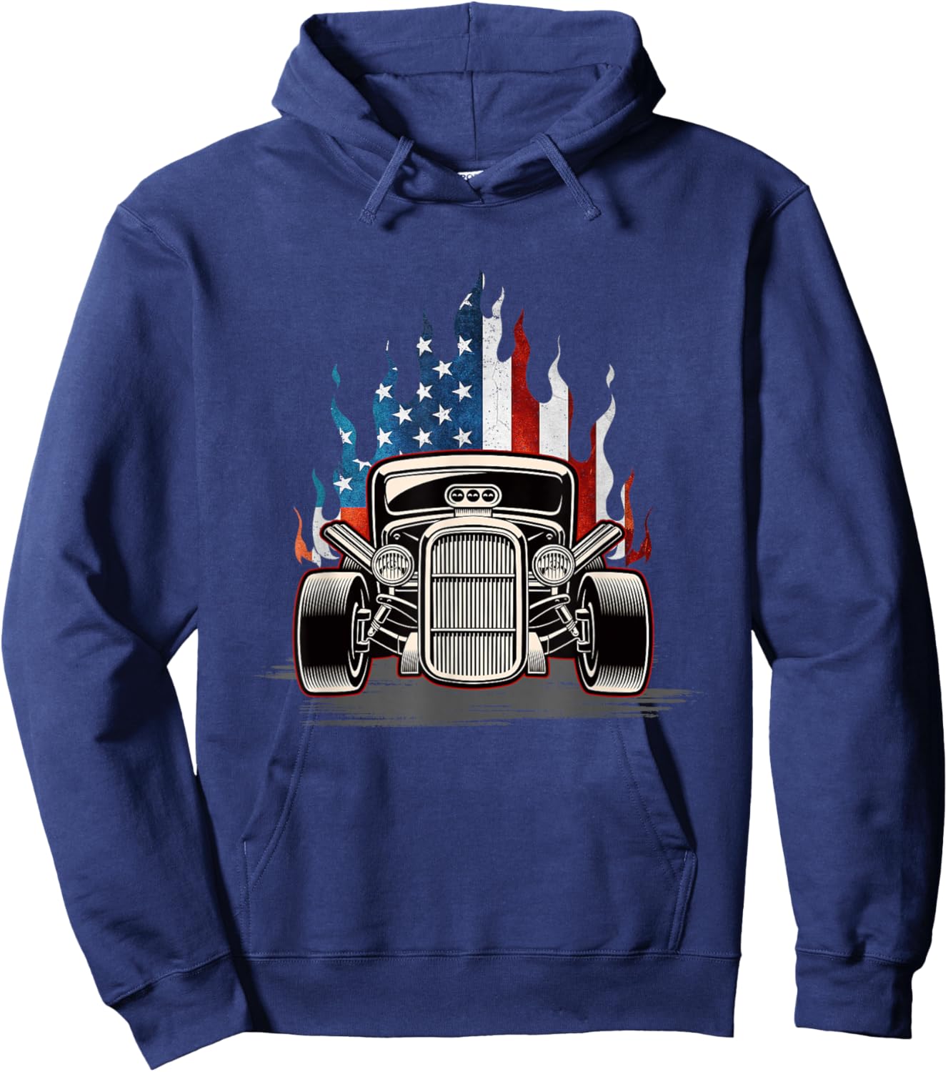 American Flag Vintage Hot Rod Veteran Memorial Day July 4 Hoodie - Hoodie | Navy