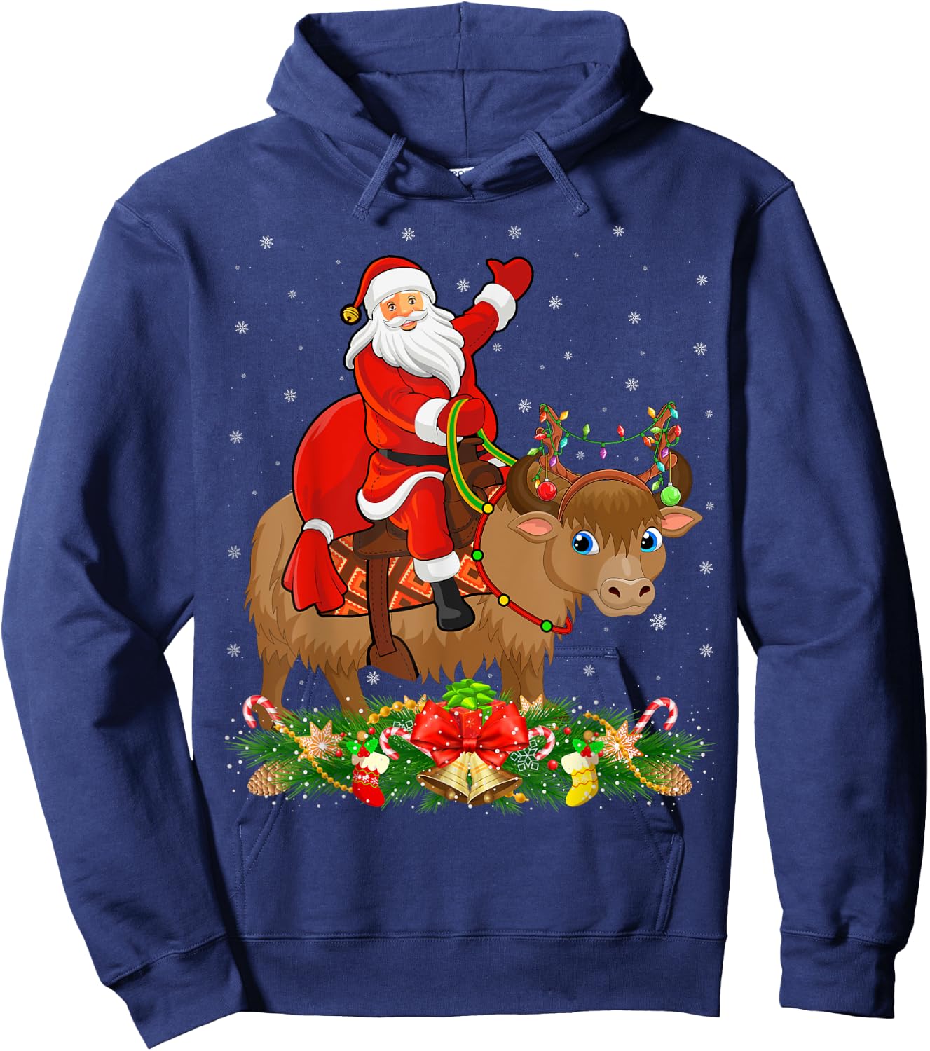 Xmas Decor Lights Funny Santa Riding Yak Christmas Hoodie - Hoodie | Navy