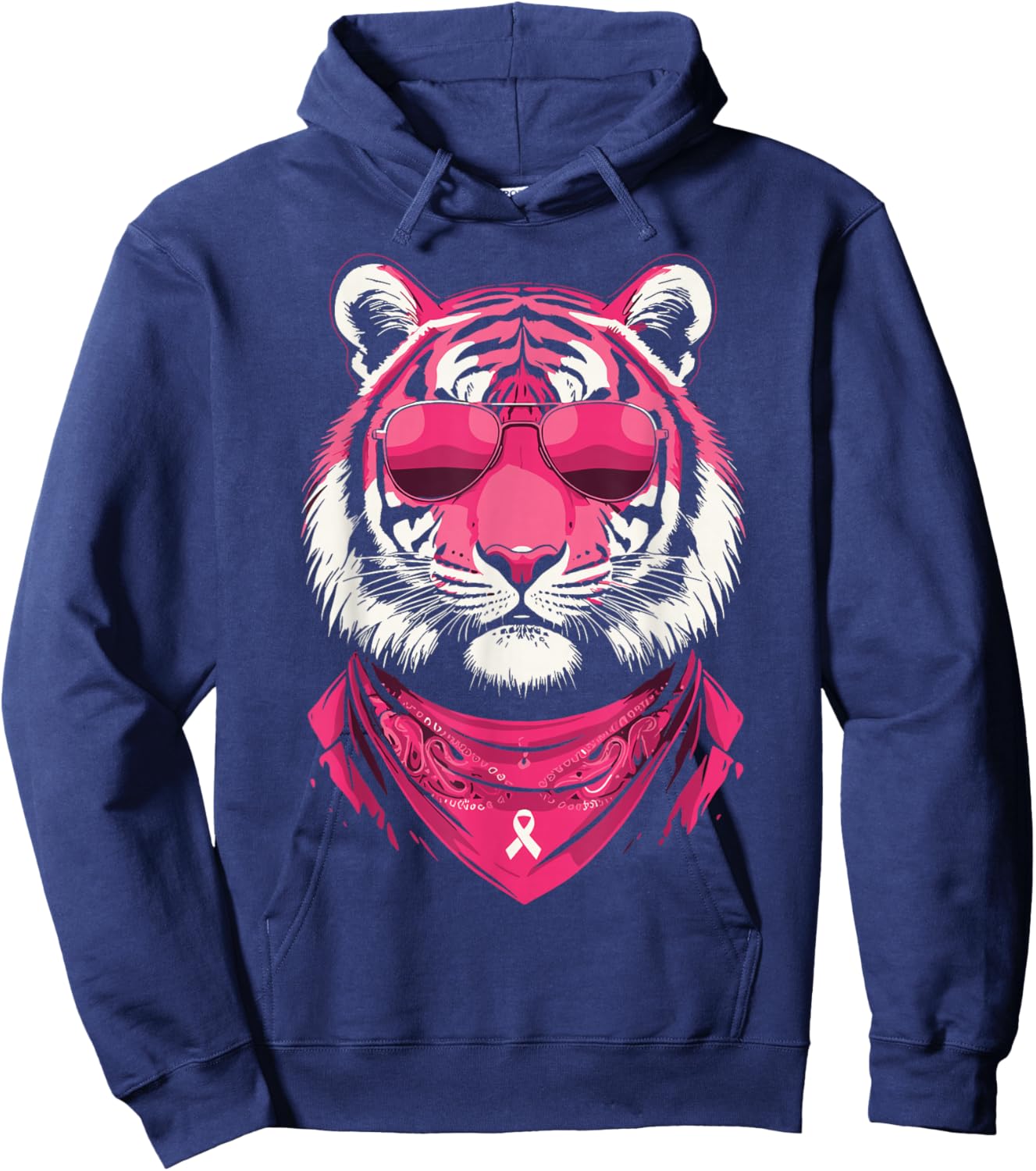 Pink Tiger with Sunglasses Bandana Breast Cancer Awareness Hoodie - Hoodie | Navy