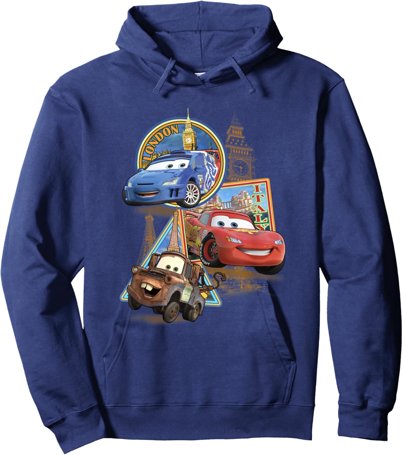 Disney Pixar Cars 2 London Italy Paris World Tour Postcards Hoodie - Hoodie | Navy