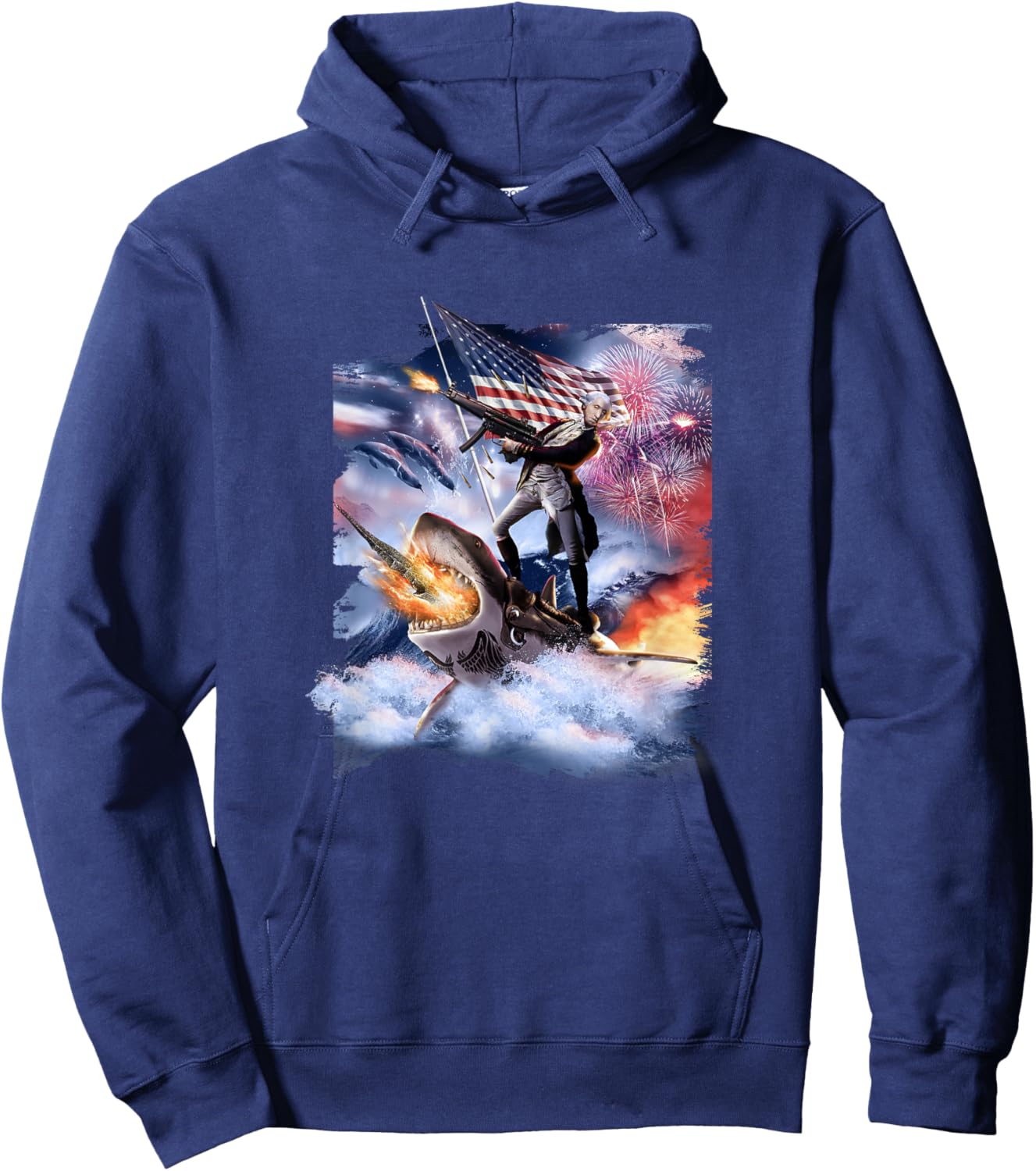George Washington Riding Shark American Patriotic Funny Men Hoodie - Hoodie | Navy