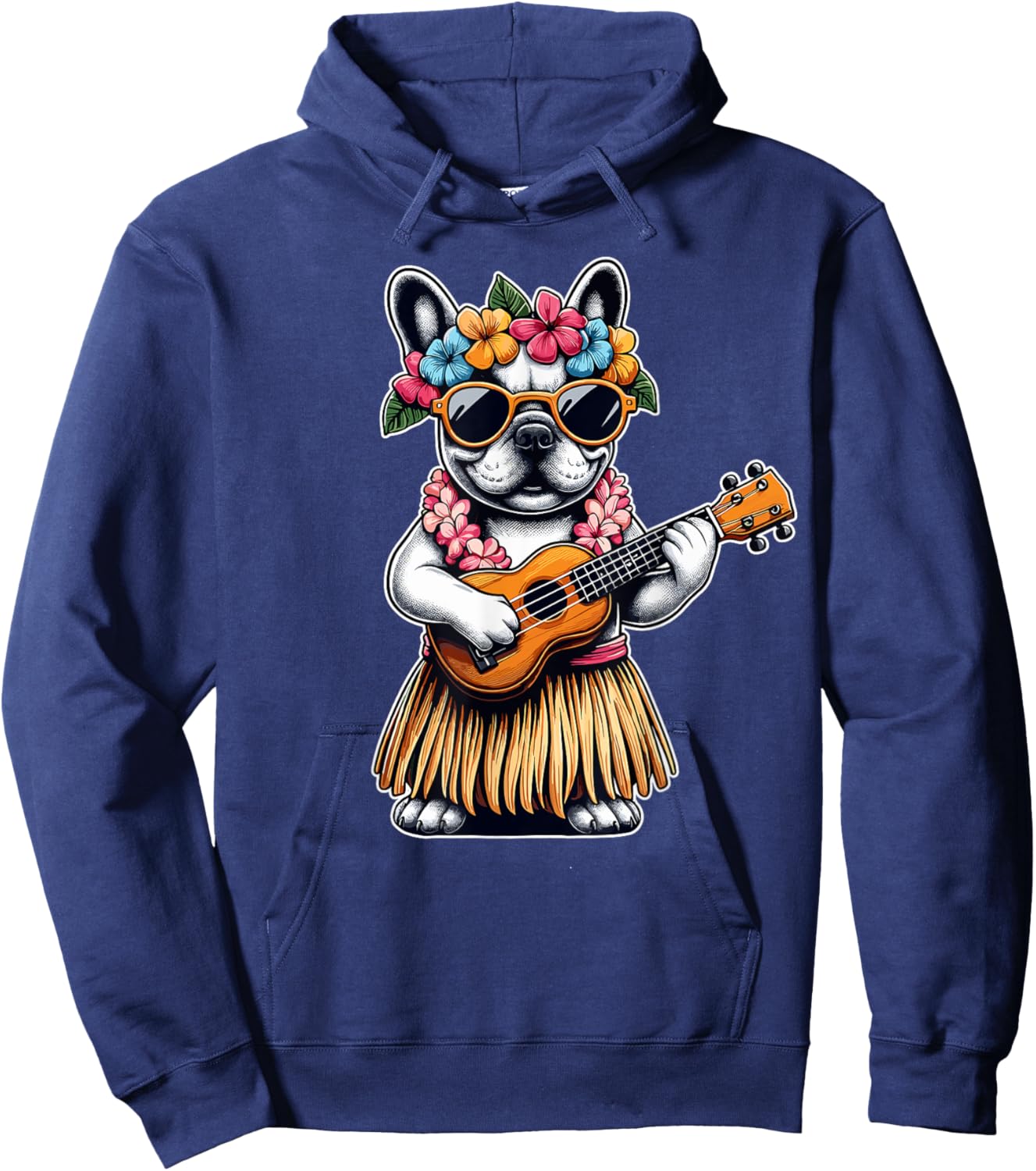 Hula Bulldog French Bulldog Ukulele Hawaiian Women Kids Hoodie - Hoodie | Navy