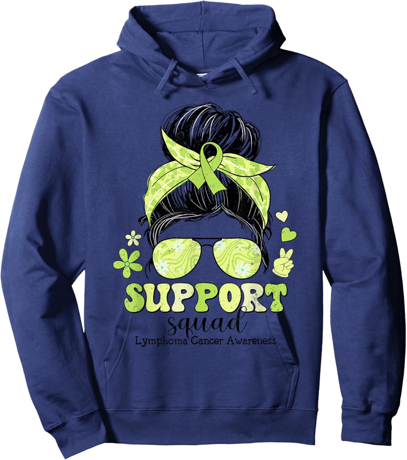 Groovy Support Squad Messy Bun Lymphoma Cancer Awareness Hoodie - Hoodie | Navy