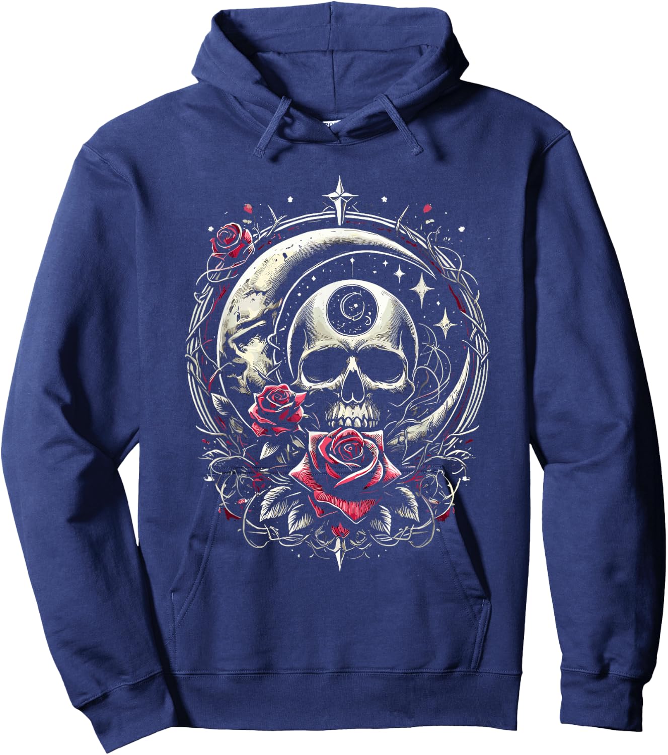 Moon Rose Skull Gothic Illustration Emo Death Metal Punk Hoodie - Hoodie | Navy