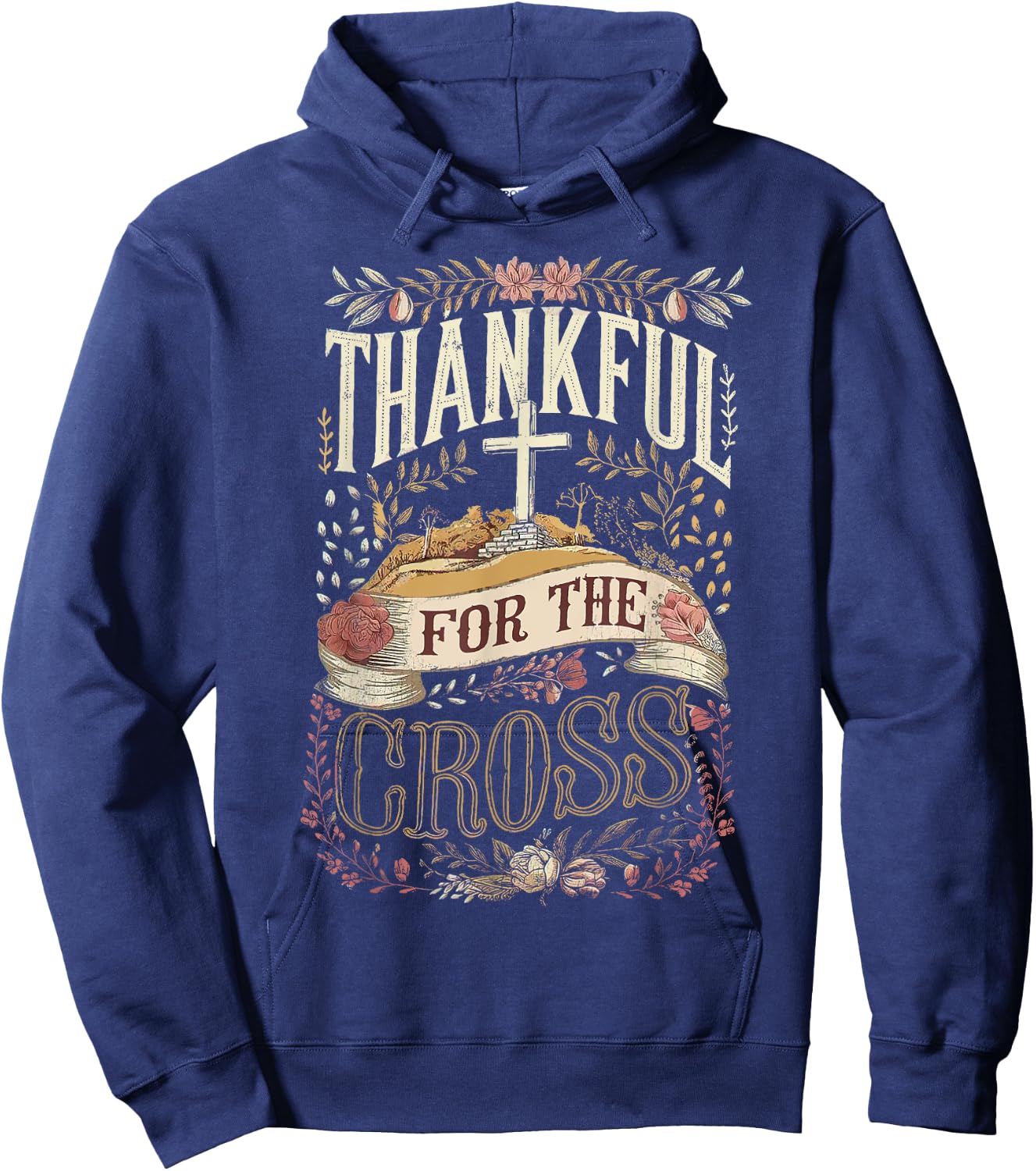 Retro Thankful for the Cross Thanksgiving Christian Clothing Hoodie - Hoodie | Navy