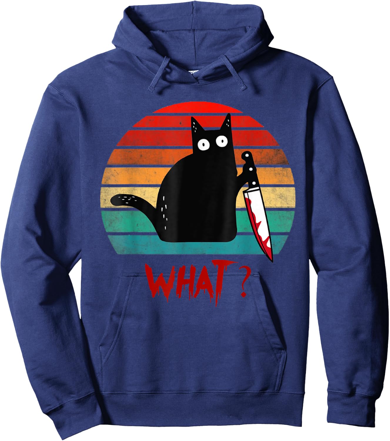 Vintage Cat What? Funny Black Cat Murderous Cat With Knife Women Kids Hoodie - Hoodie | Navy