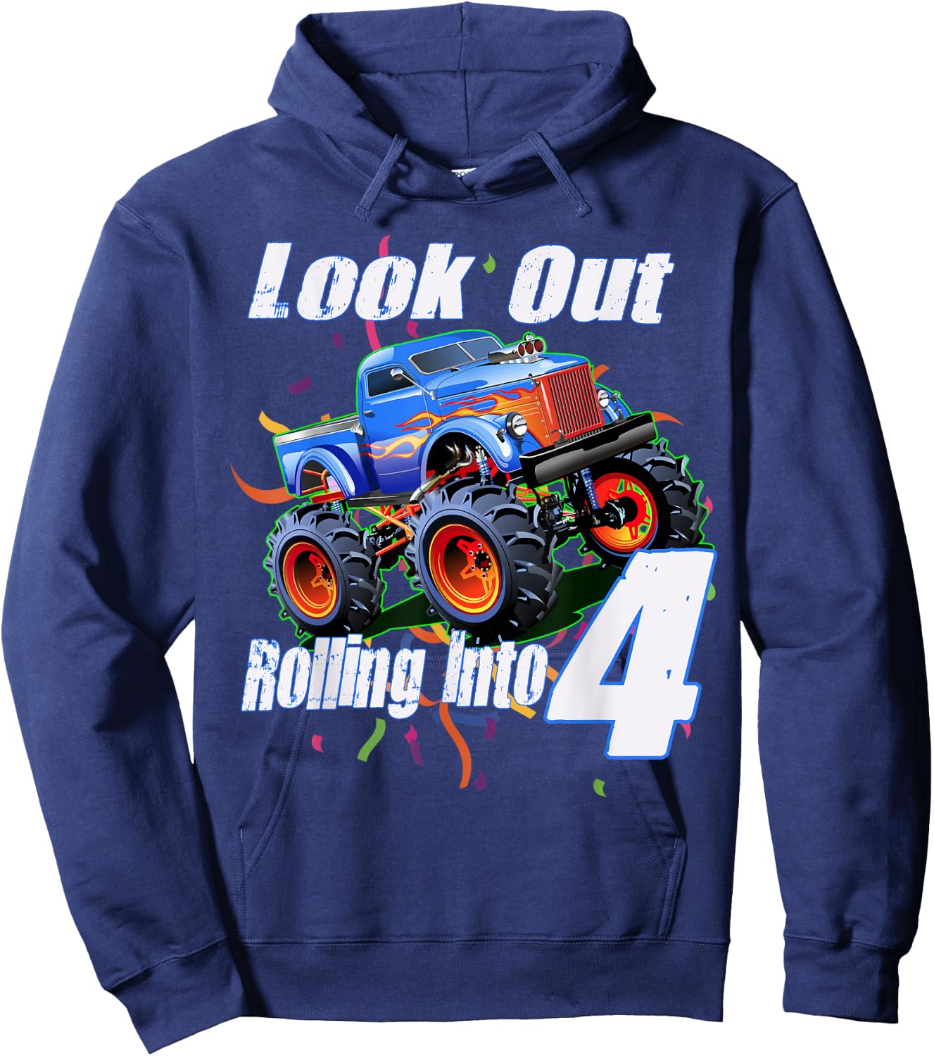 Kids 4 Year Old 4th Birthday Boy Monster Truck Car Hoodie - Hoodie | Navy