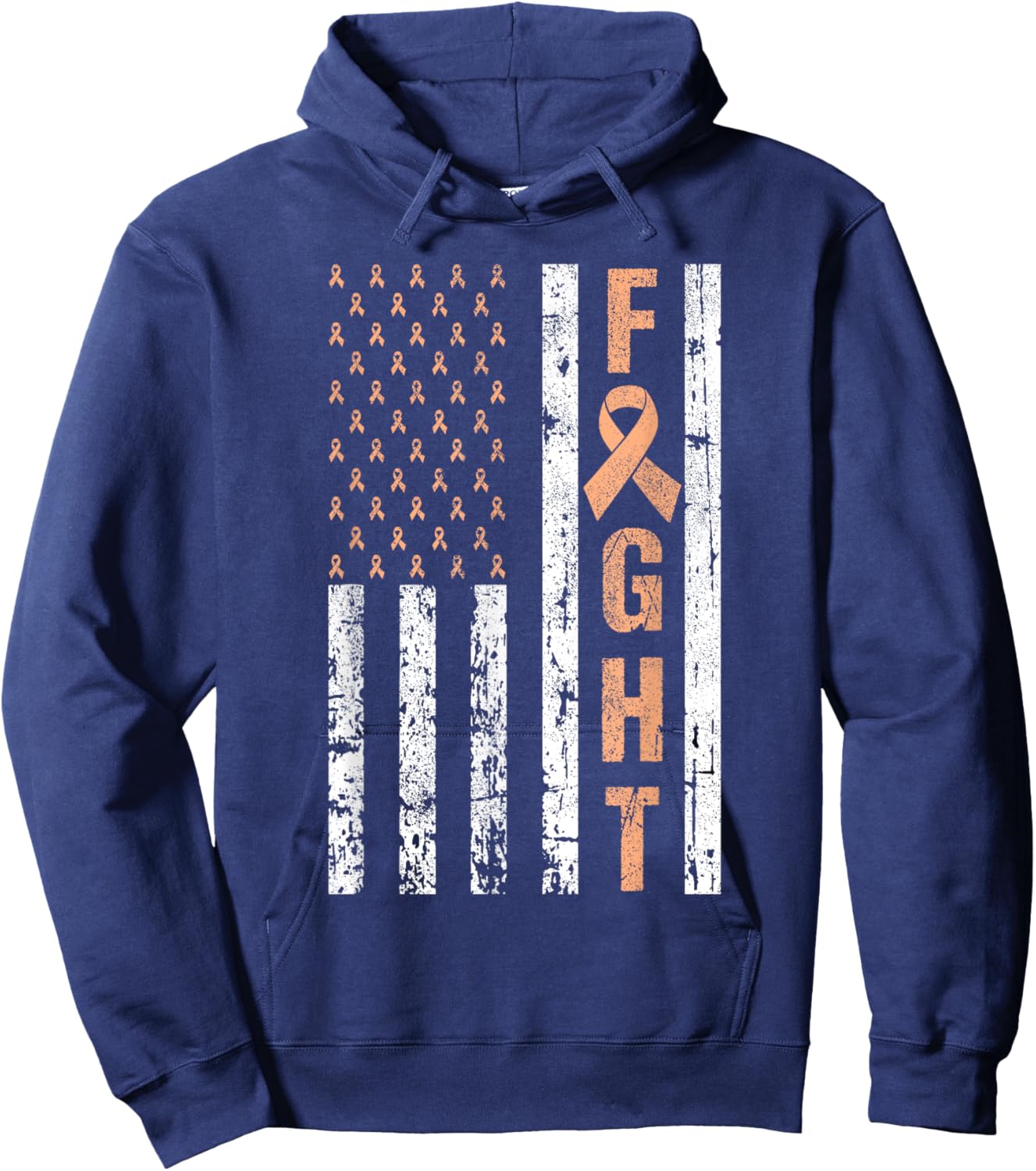 Fight Uterine Cancer Awareness Peach Ribbon American Flag Hoodie - Hoodie | Navy