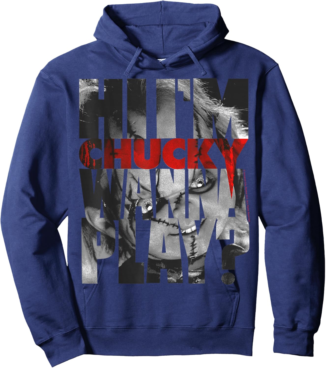 Child's Play Hi I'm Chucky Wanna Play Text Fill Small Hoodie - Hoodie | Navy