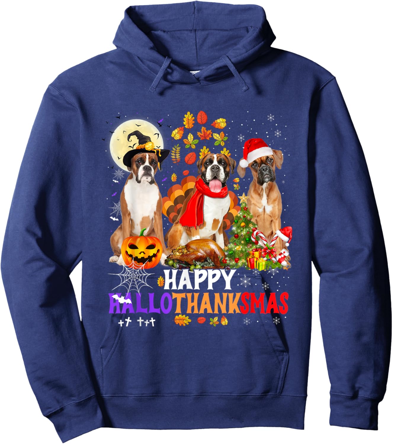 Boxer Dog Happy Hallothanksmas Halloween Thanksgiving Xmas Hoodie - Hoodie | Navy