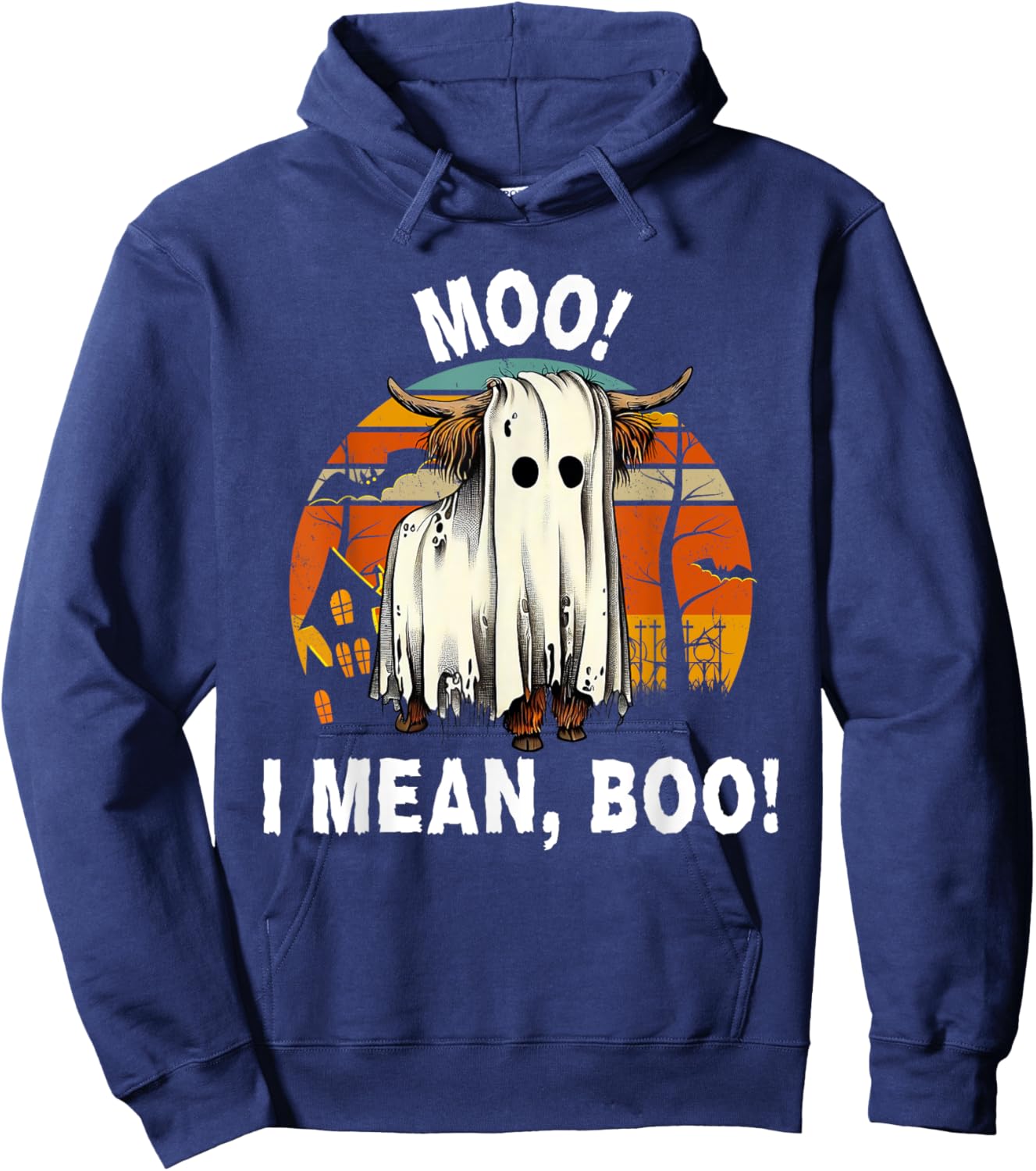 Funny Halloween Highland Cow, Cute Vintage Ghost Cow Hoodie - Hoodie | Navy